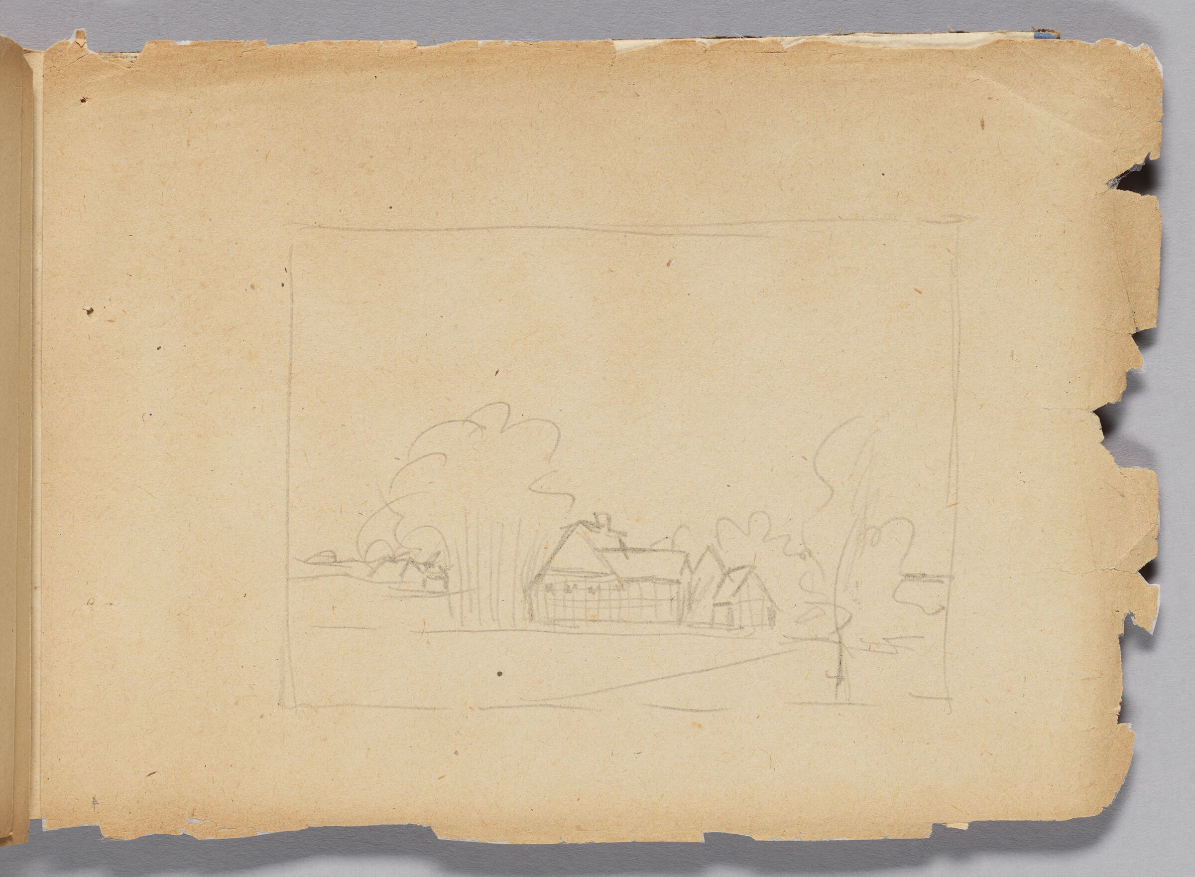 Untitled (Blank With Stray Marks, Left Page); Untitled (Farmhouse In Landscape, Right Page)