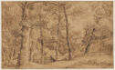 A landscape drawing of cottage in the middle of a forest surrounded by tall trees