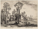 A black and white print presents a village situated in the countryside. Several people, houses and animals are portrayed.