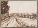 
A drawing in brown ink of a landscape. 