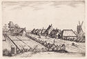 A black and white print depicts a small village with people working in a field.