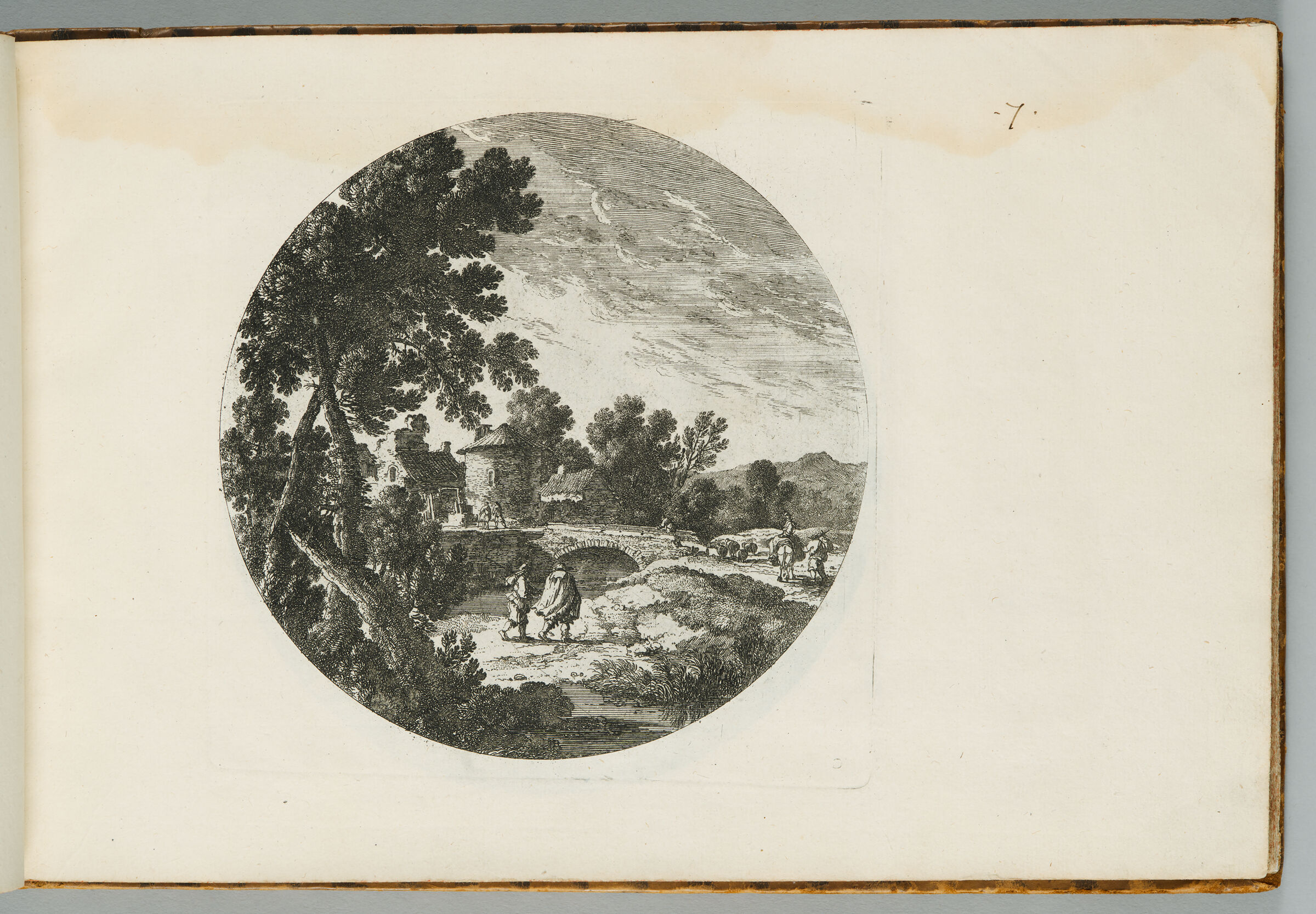 Landscape With Two Travellers By A River, An Arched Stone Bridge And A Farmstead With A Round Tower In The Background