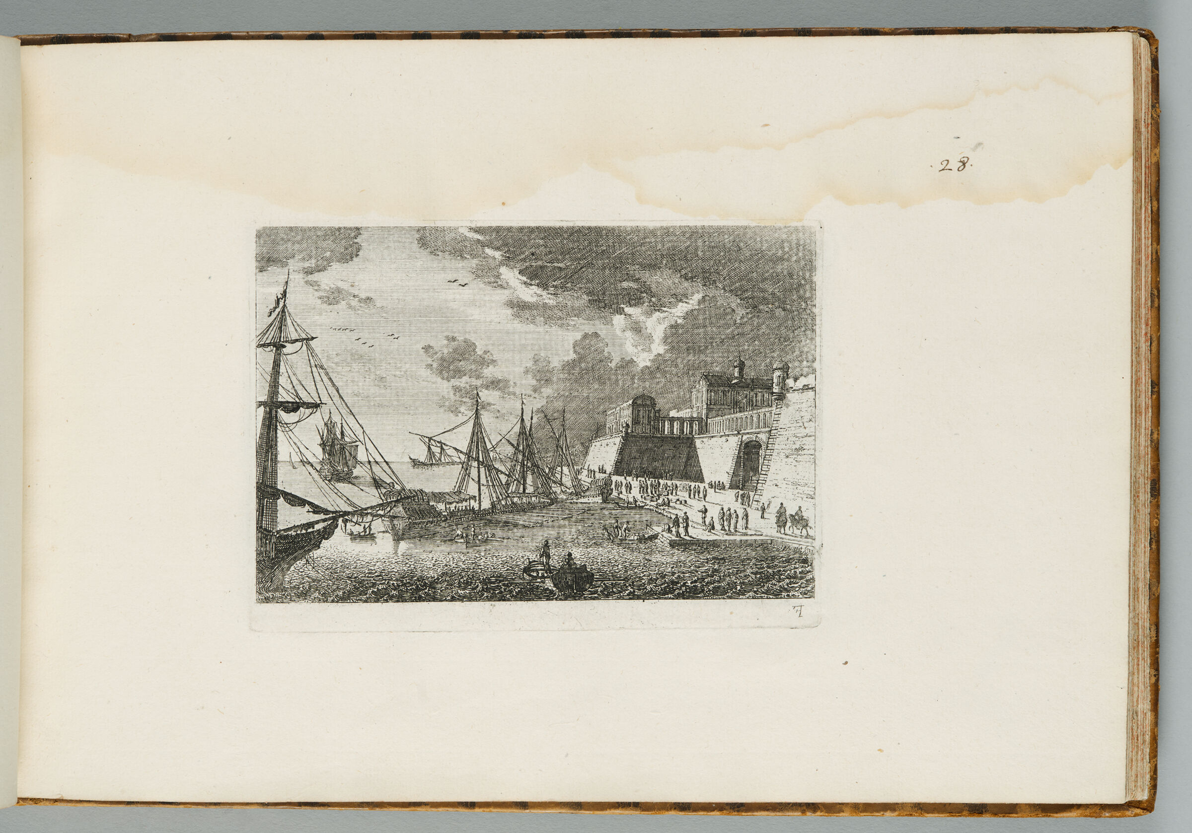 Harbor Scene With A City Above, Fortifications At Right