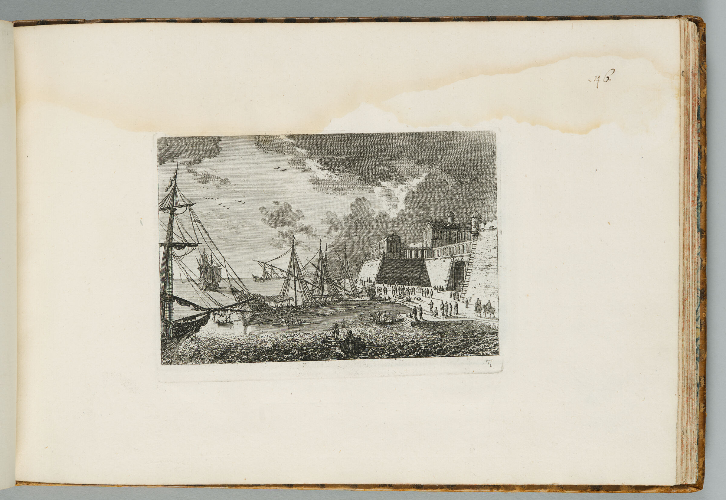 Harbor Scene With A City Above, Fortifications At Right