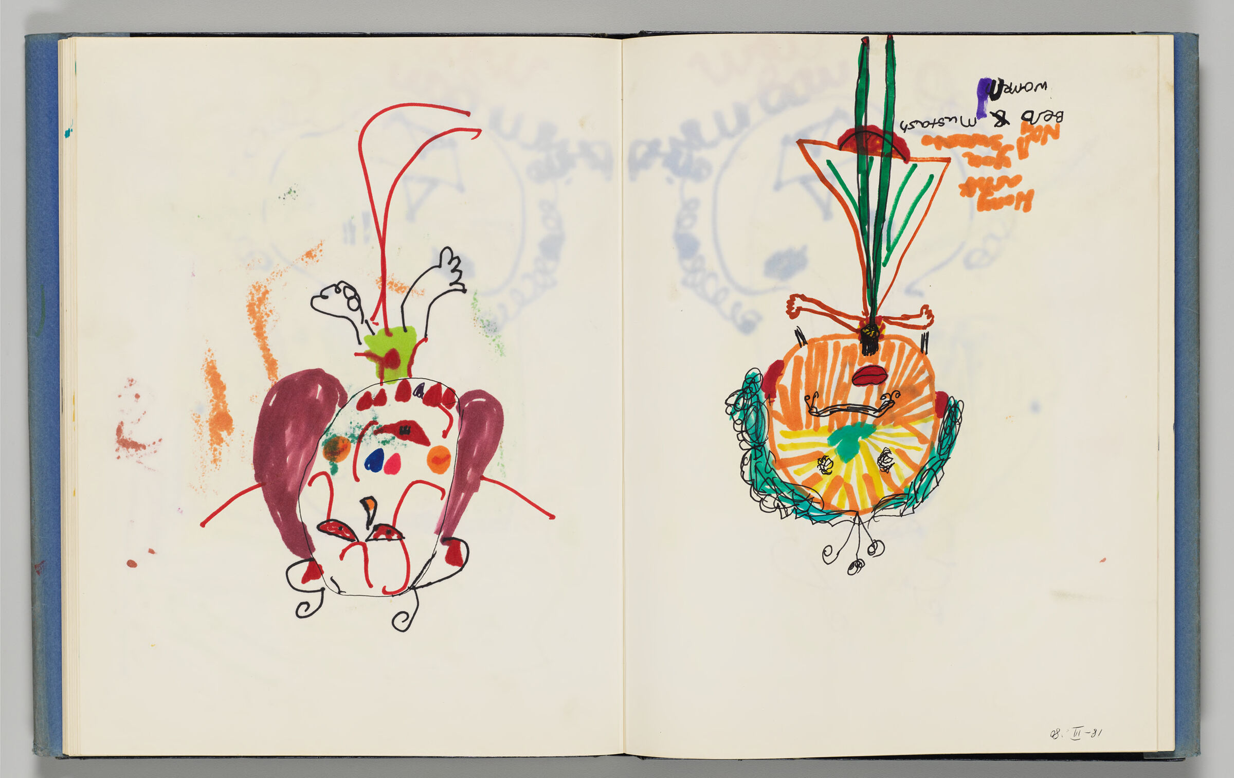 Untitled (Child's Drawing With Bleed-Through Of Previous Page And Color Transfer, Left Page); Untitled (Child's Drawing With Color Transfer, Right Page)