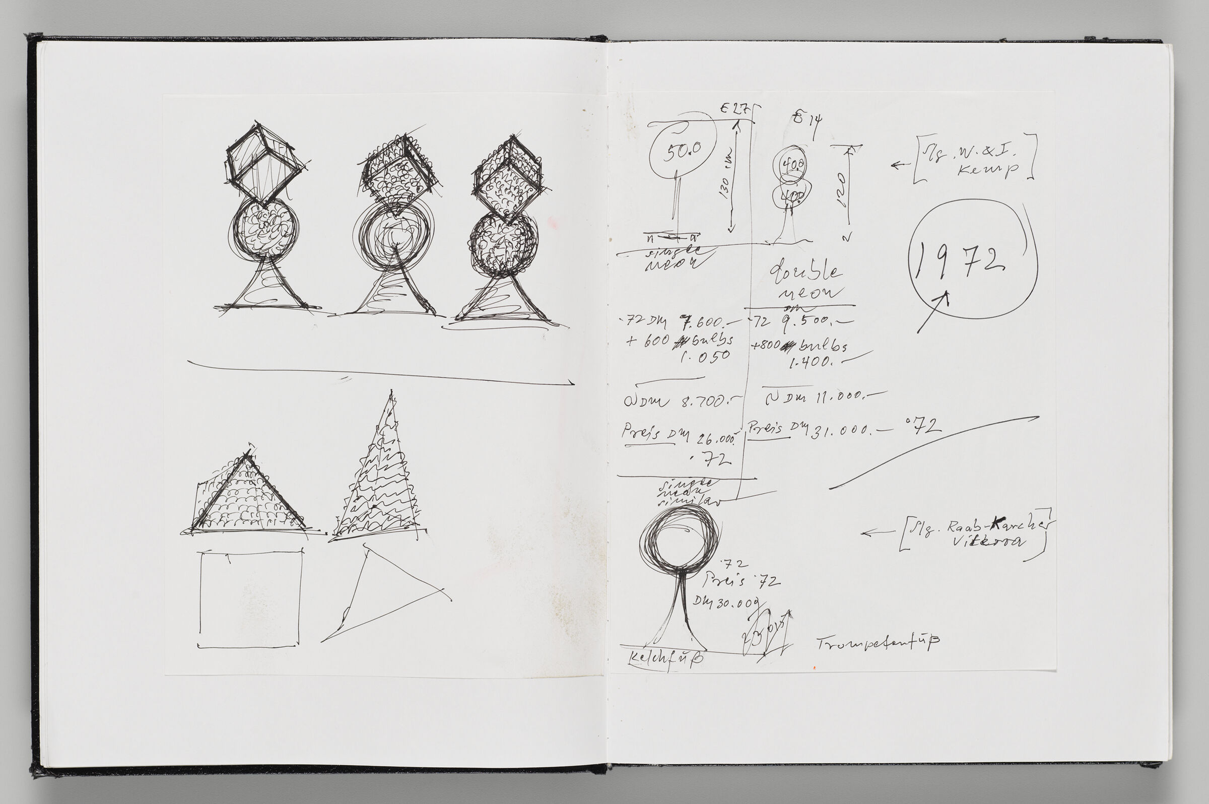 Untitled (Adhered Sketch Of Light Sculptures, Left Page); Untitled (Adhered Notes On Expenses For Light Sculptures, Right Page)
