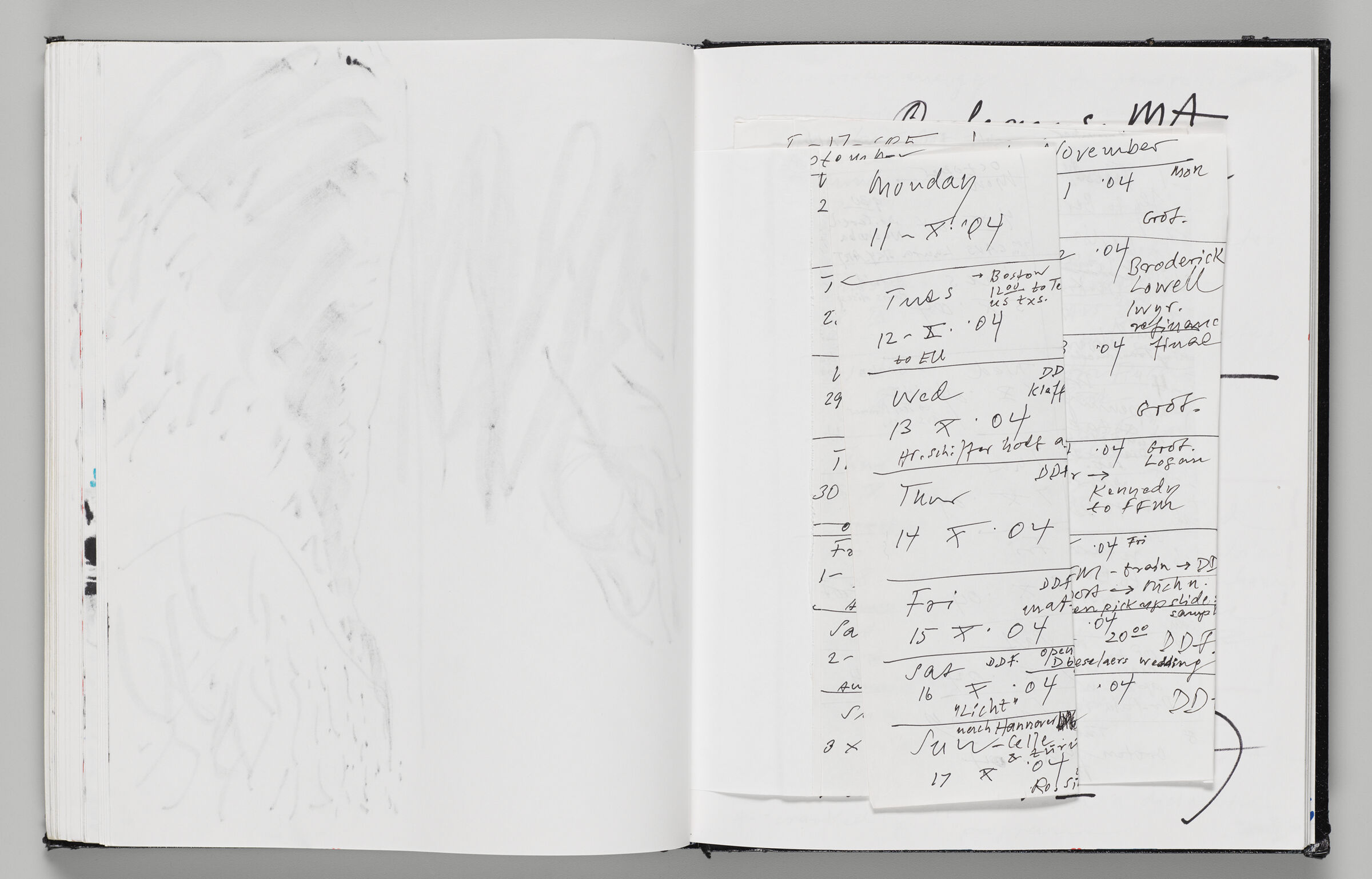 Untitled (Bleed-Through Of Previous Page, Left Page); Untitled (Adhered Calendar And Notes, Right Page)
