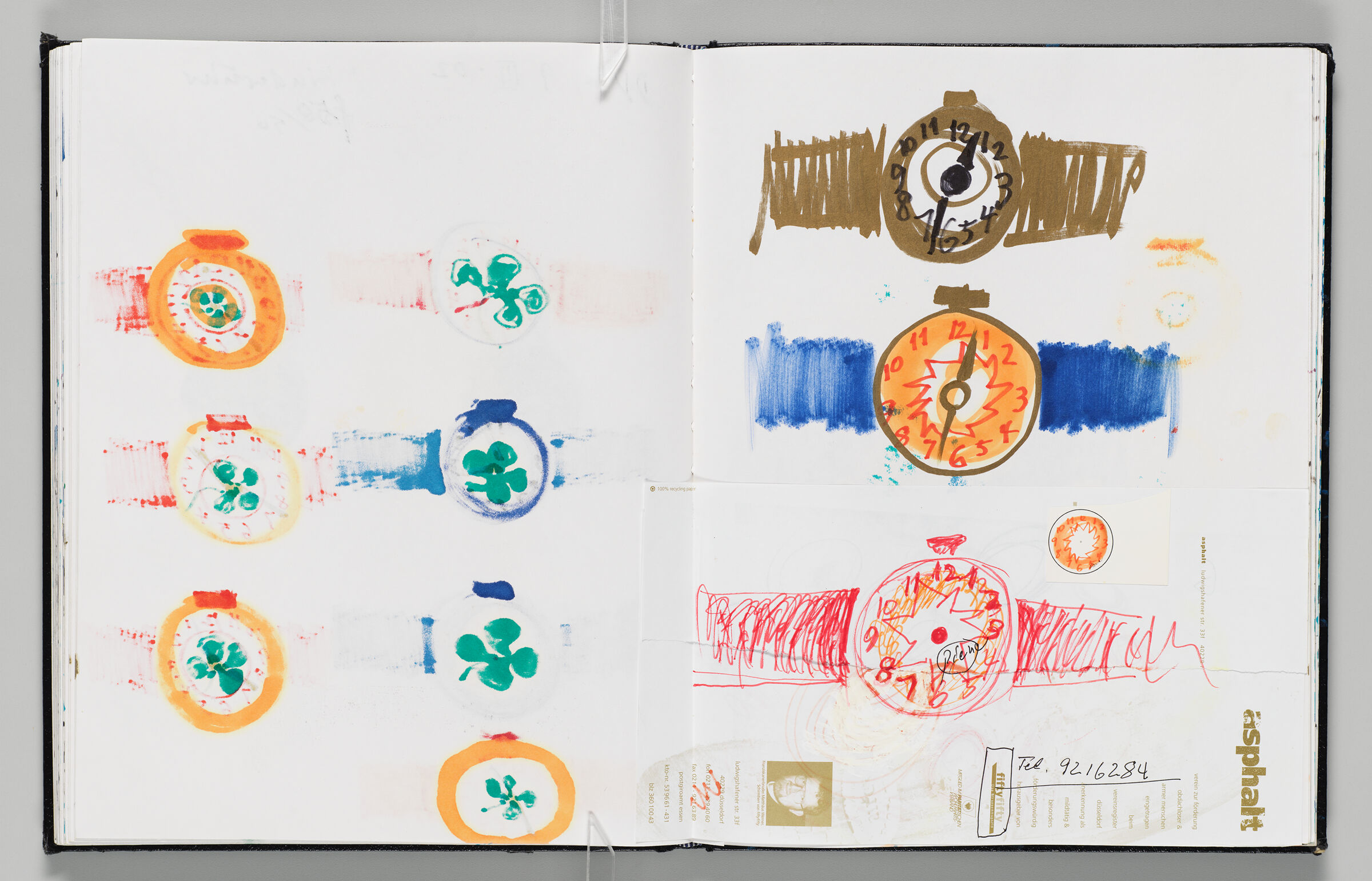 Untitled (Bleed-Through Of Previous Page, Left Page); Untitled (Children's Watch Designs And Pasted-In Sketches, Right Page)
