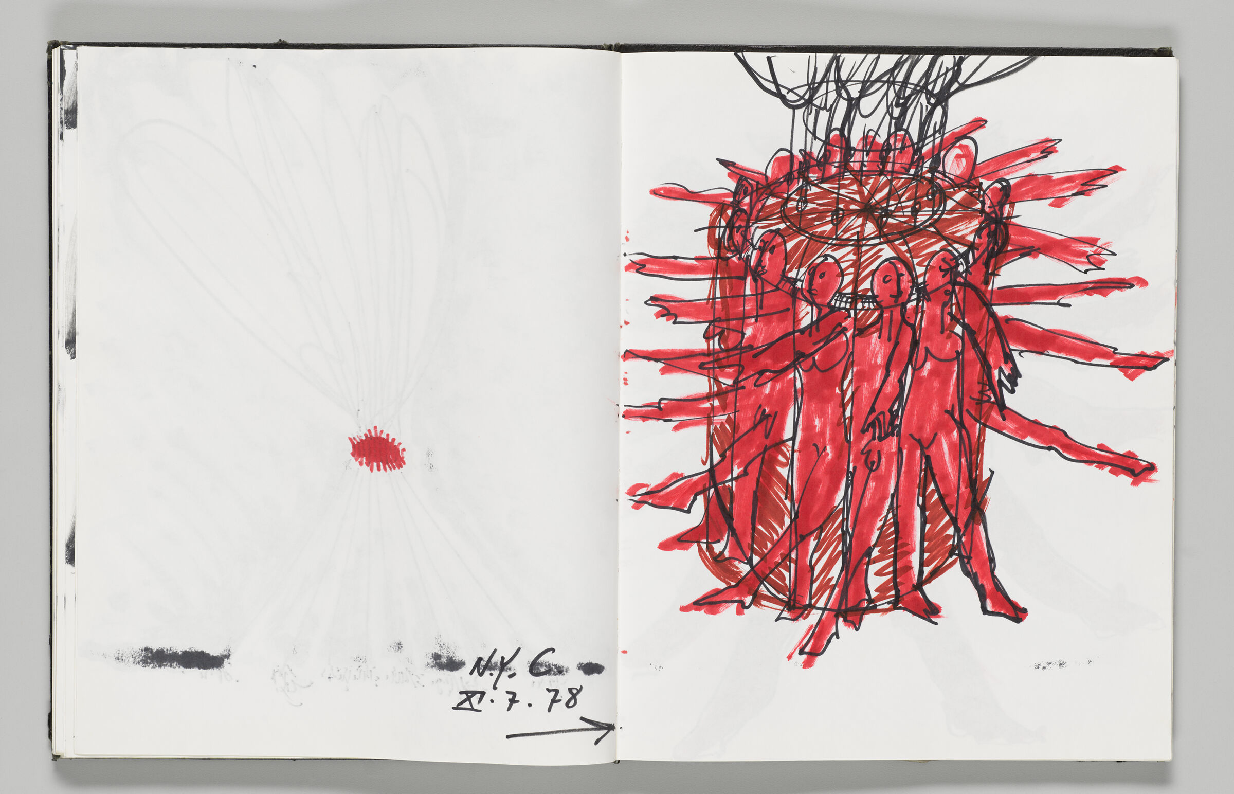 Untitled (Note With Bleed-Through And Color Transfer Of Previous Pages, Left Page); Untitled (Carousel Of Male And Female Figures, Right Page)
