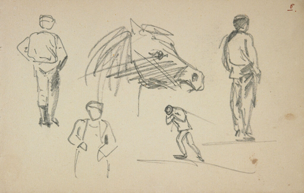 Study Of A Horse's Head And Four Figures; Verso: Partial Sketch Of Horse Grazing