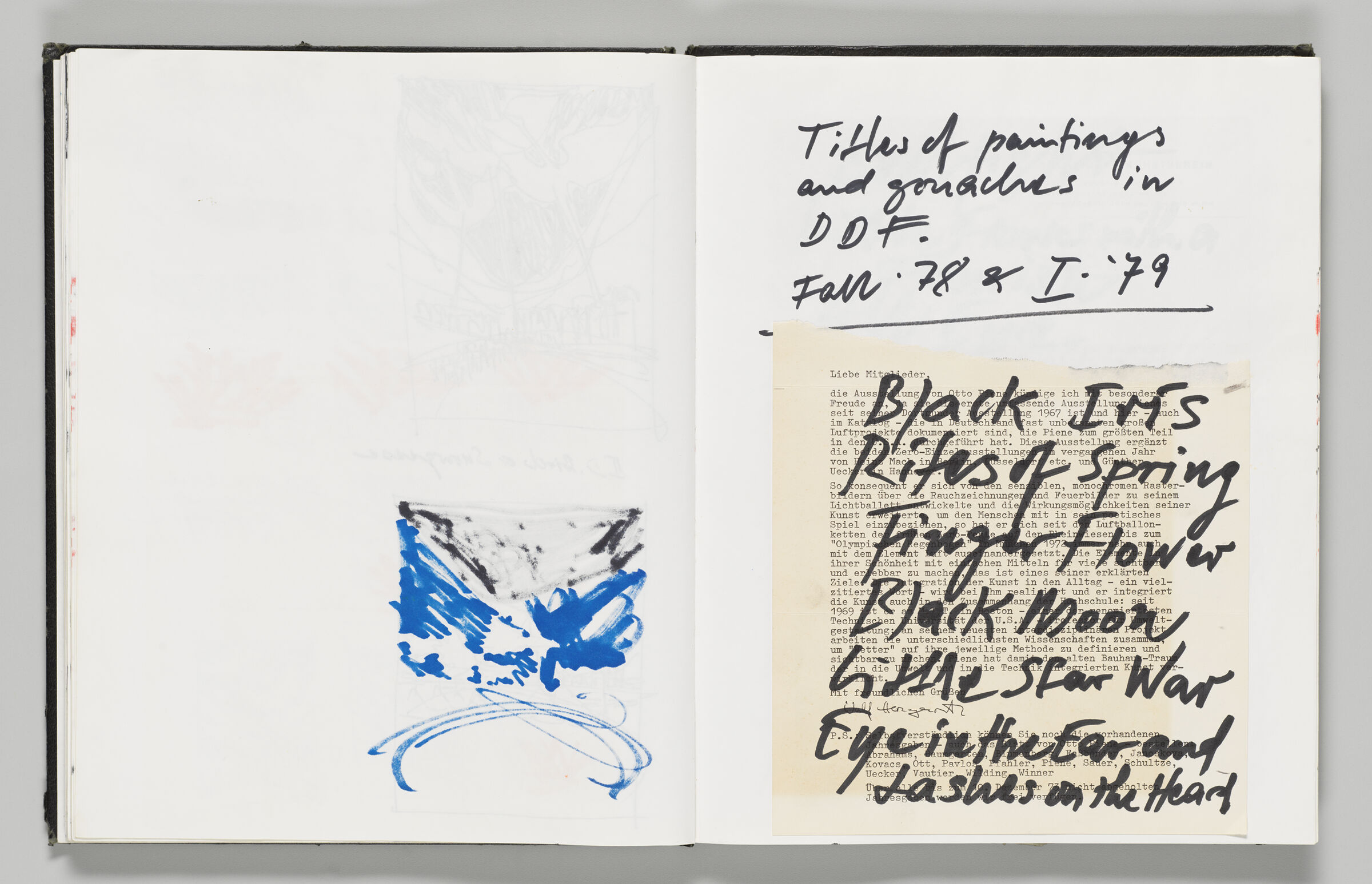 Untitled (Bleed-Through Of Previous Pages, Left Page); Untitled (Notes On Work Titles Across Sketchbook Page And Adhered Sheet, Right Page)