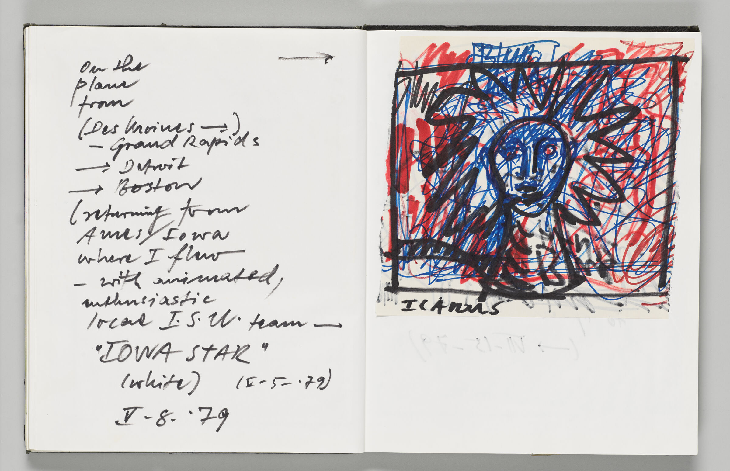 Untitled (Notes, Left Page); Untitled (Adhered Icarus Sketch, Right Page)