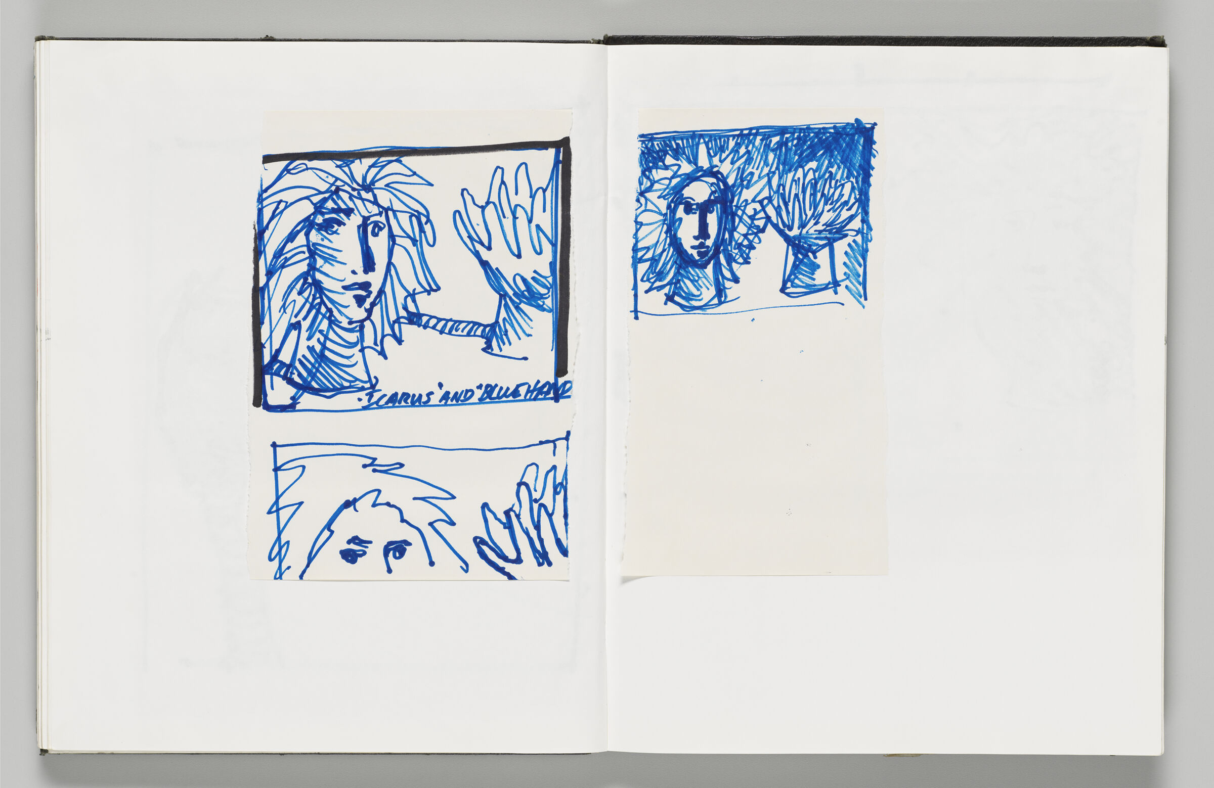 Untitled (Adhered Icarus Sketches, Left Page); Untitled (Adhered Icarus And Blue Hand Sketch, Right Page)