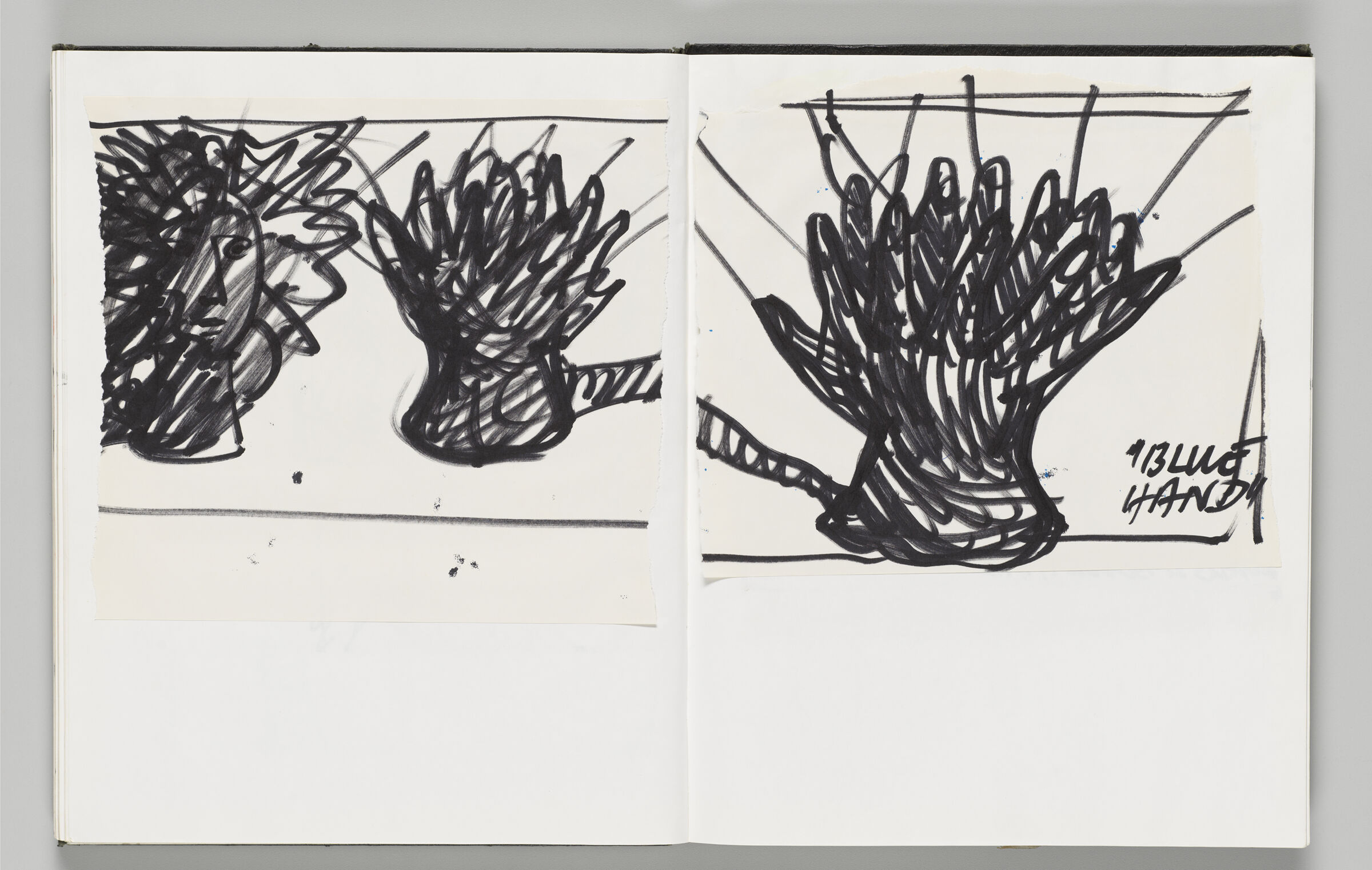 Untitled (Adhered Icarus Sketches, Left Page); Untitled (Adhered Blue Hand Sketch, Right Page)