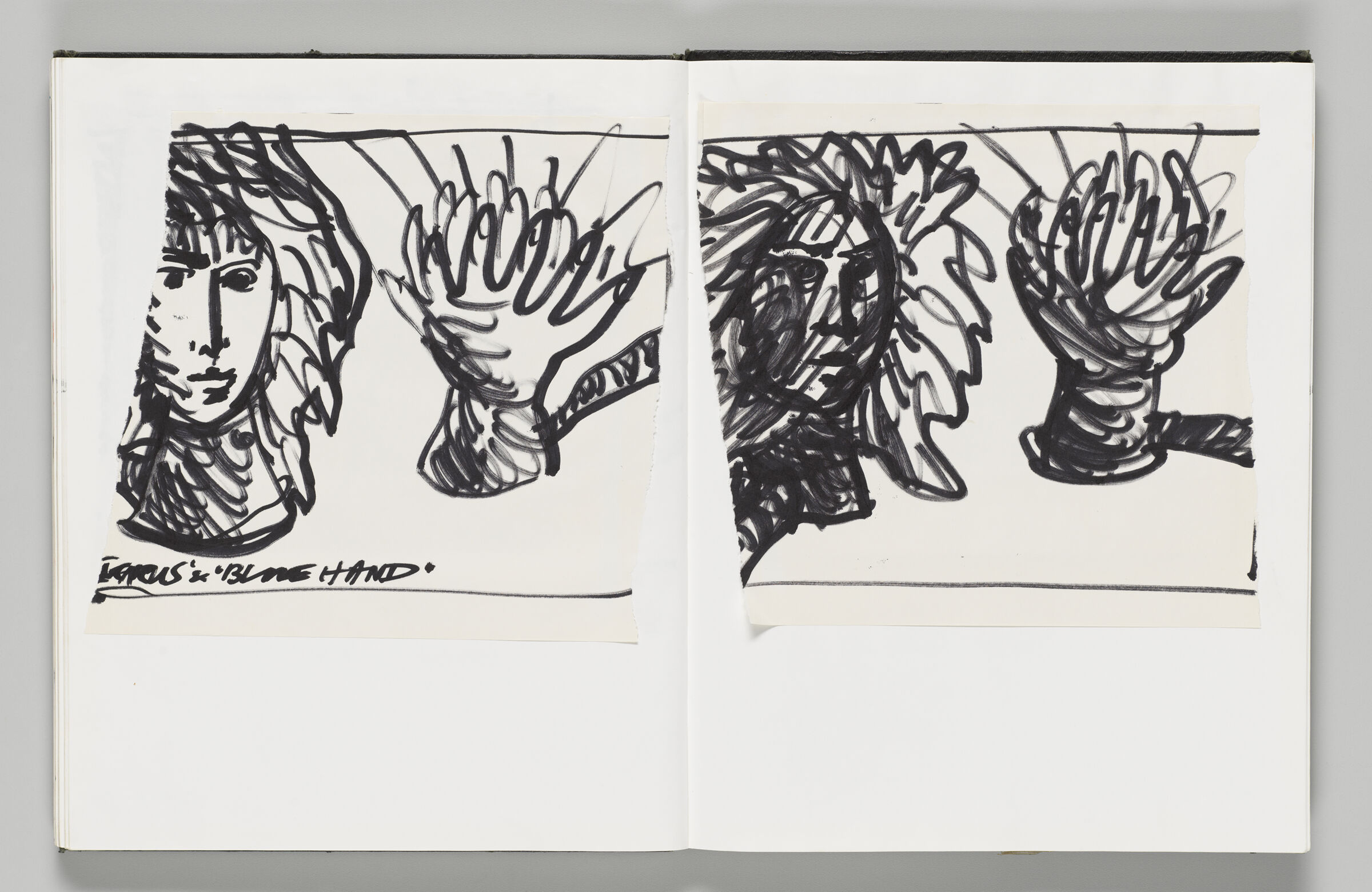 Untitled (Adhered Icarus And Blue Hand Sketch, Left Page); Untitled (Adhered Icarus And Blue Hand Sketch, Right Page)