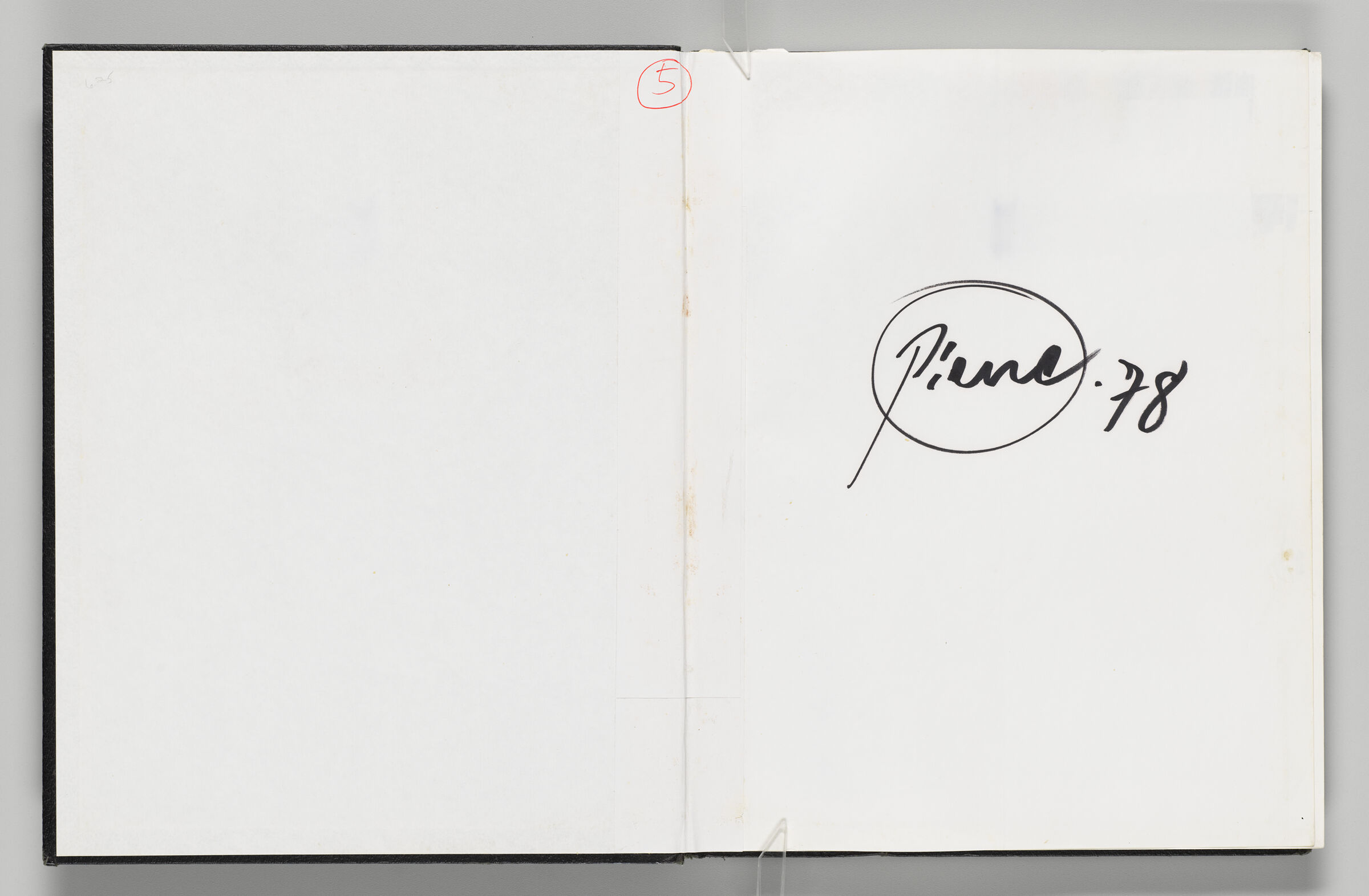 Untitled (Front Endpaper With Annotation And Adhesive Support Along Spine, Left Page); Untitled (Signature, Right Page)