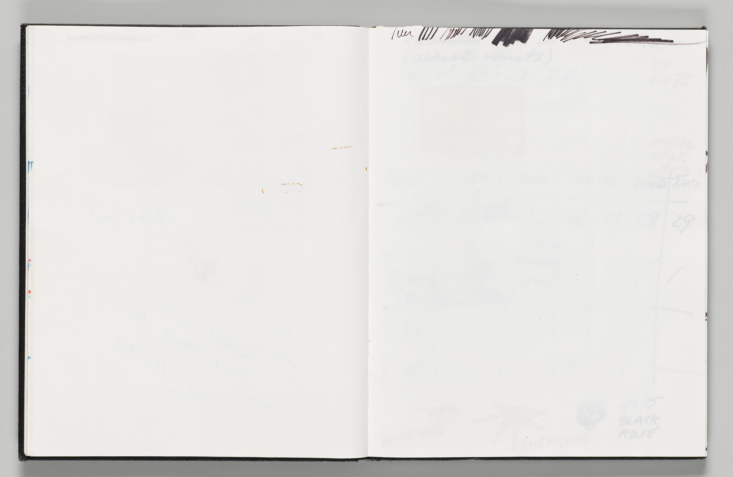 Untitled (Blank With Paperclip Stains, Left Page); Untitled (Black Marker Tests With Color Transfer, Right Page)