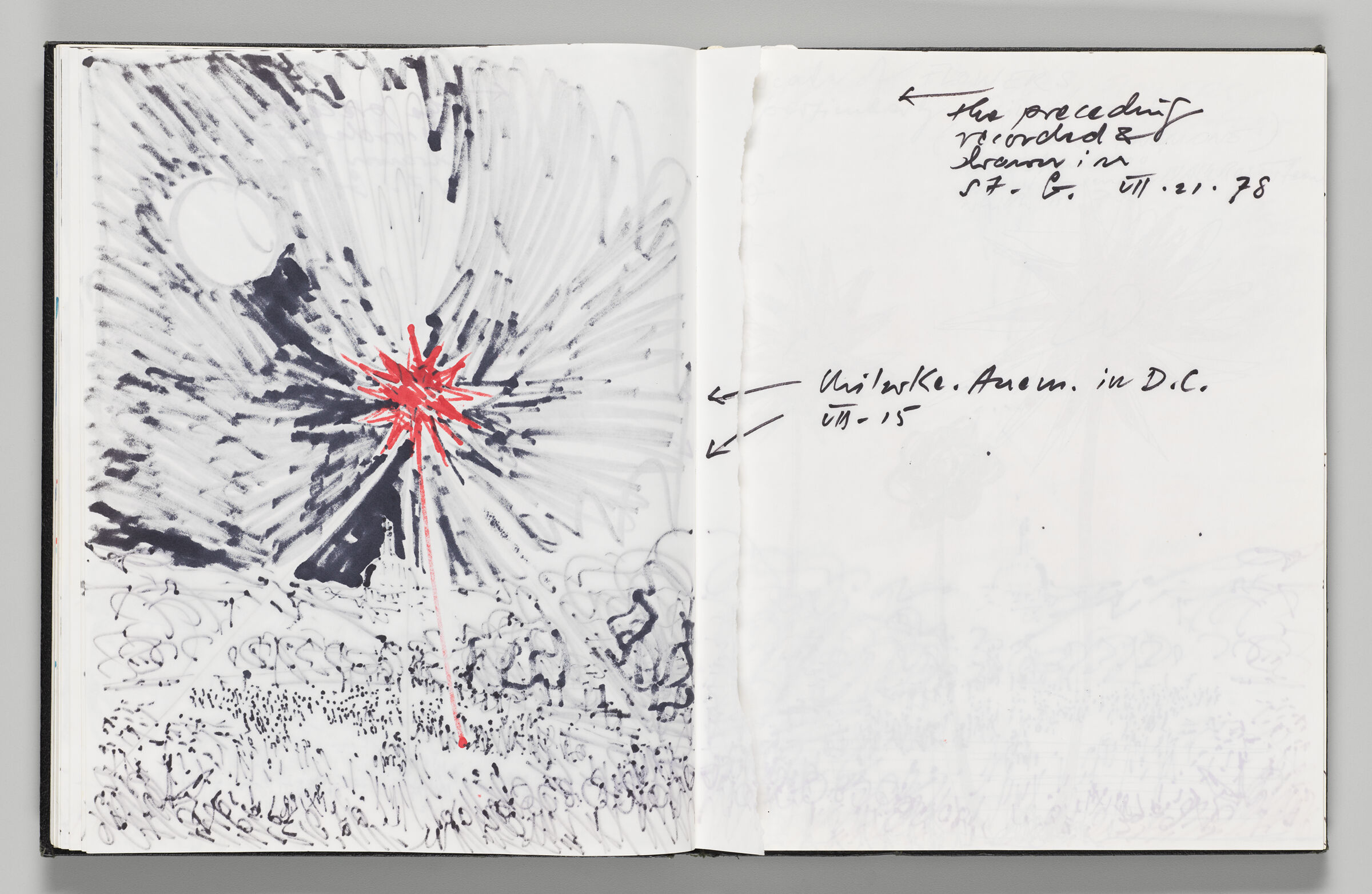 Untitled (Bleed-Through Of Previous Page With Color Transfer, Left Page); Untitled (Partial Torn Page With Arrows, Right Page)