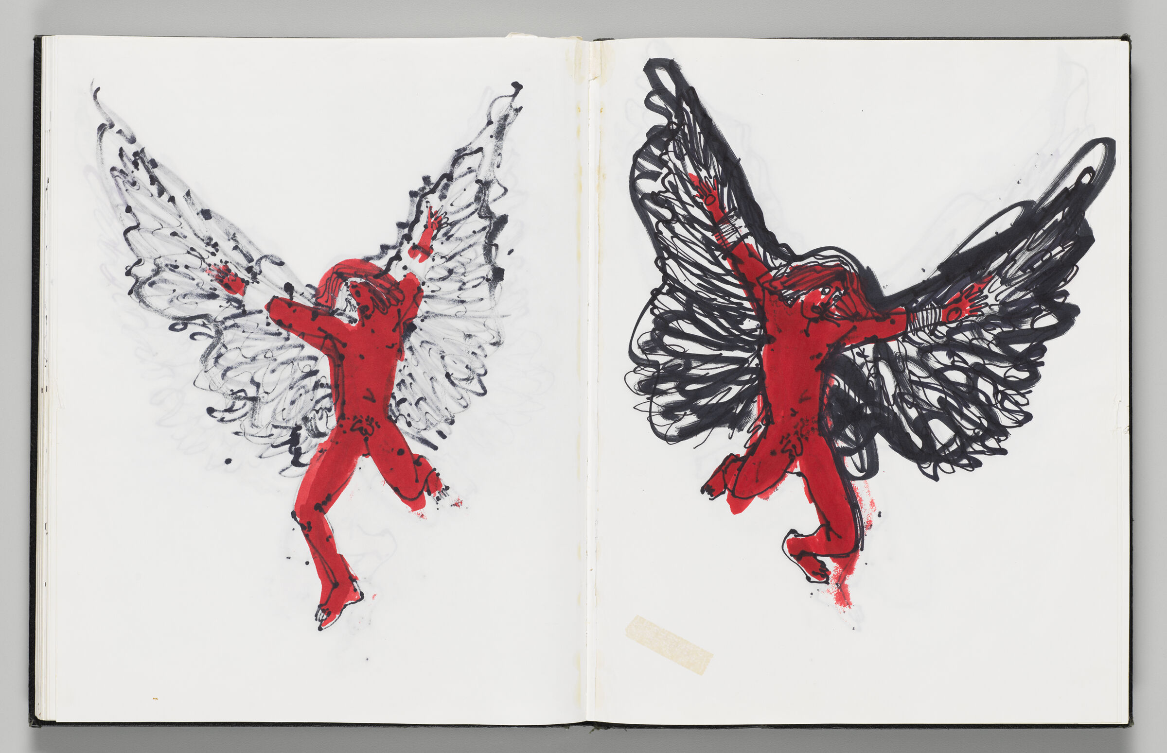 Untitled (Bleed-Through Of Previous Page, Left Page); Untitled (Sketch Of Icarus With Color Transfer, Torn Page, And Tape Adhesive Stain, Right Page)