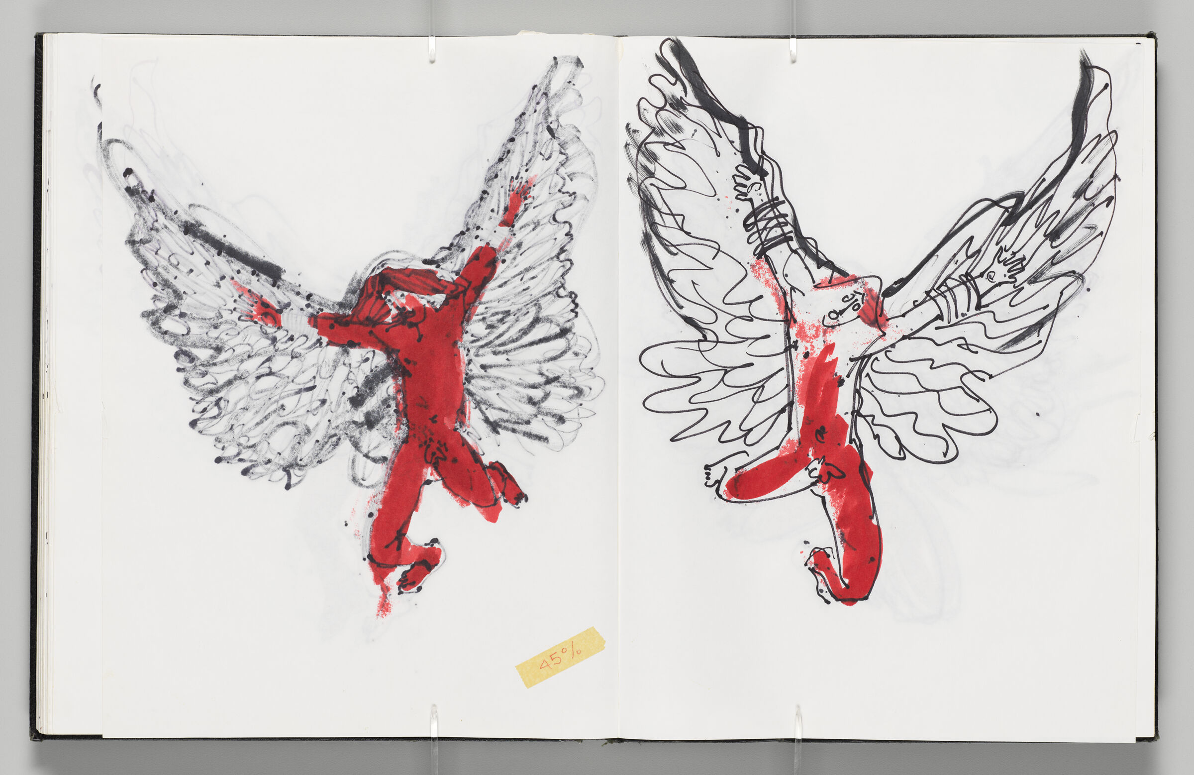 Untitled (Bleed-Through Of Previous Page With Tape, Left Page); Untitled (Sketch Of Icarus With Color Transfer, Right Page)
