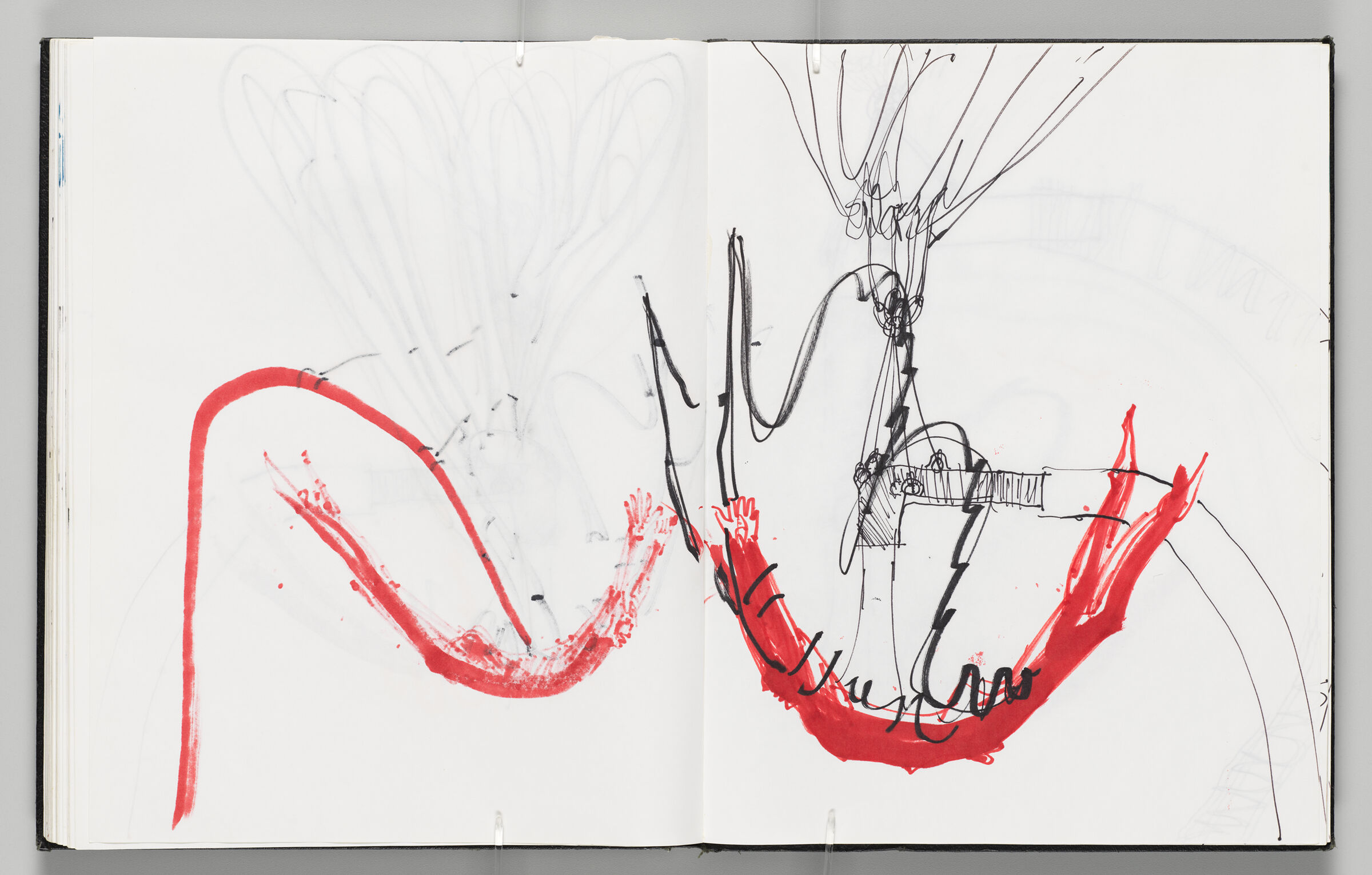 Untitled (Bleed-Through Of Previous Page, Left Page); Untitled (Sketch Of Icarus And Mapping Of Inflatable Locations With Faint Color Transfer, Right Page)
