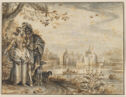 A drawing of a well-dressed couple with their dogs in the outsides of the city