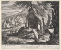 A black and white print portrays different settlements found on the mountains and a house hidden on a hill.
