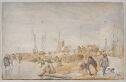 A drawing of people spending time together on a frozen waterfront next to a mill and a bridge