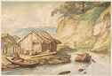 A drawing of a small wooden house next to river