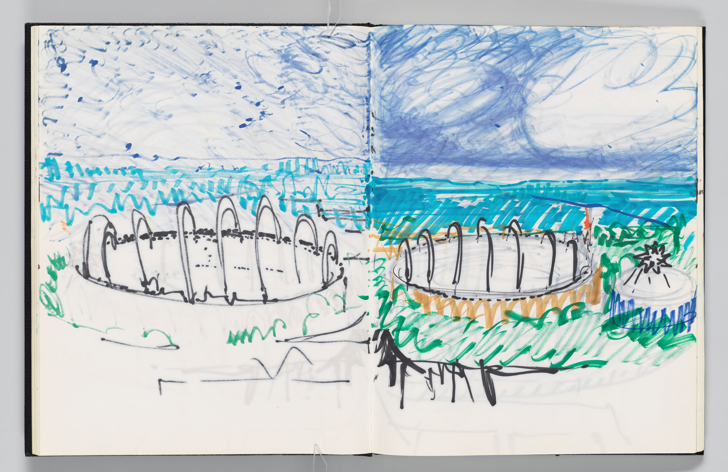 Untitled (Bleed-Through Of Previous Page, Left Page); Untitled (Rainbows Over L.a. Memorial Coliseum And Inflatable Over Memorial Sports Arena, Right Page)