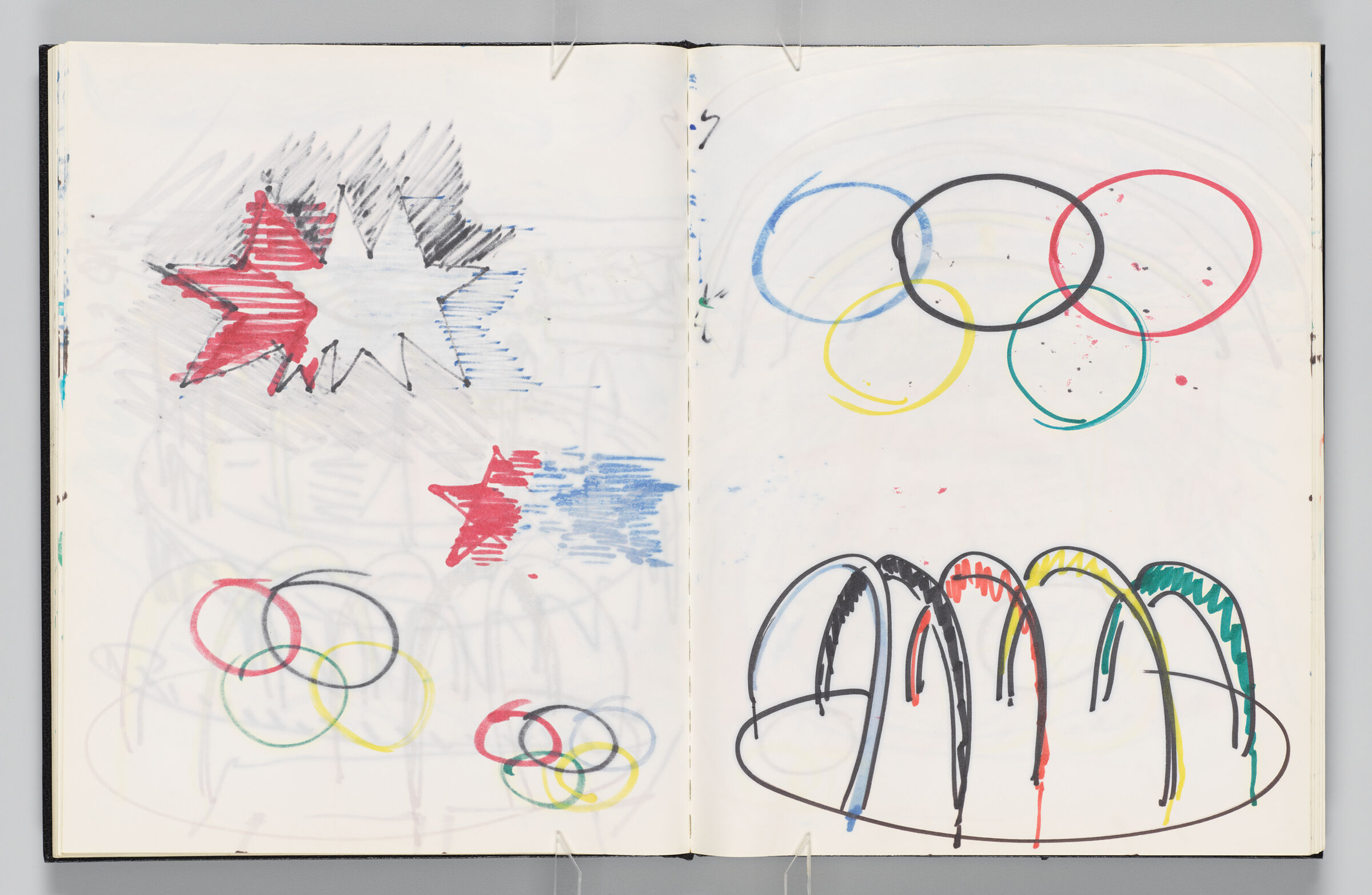 Untitled (Bleed-Through Of Previous Page, Left Page); Untitled (Olympic Rings And Rainbows Over L.a. Memorial Coliseum, Right Page)