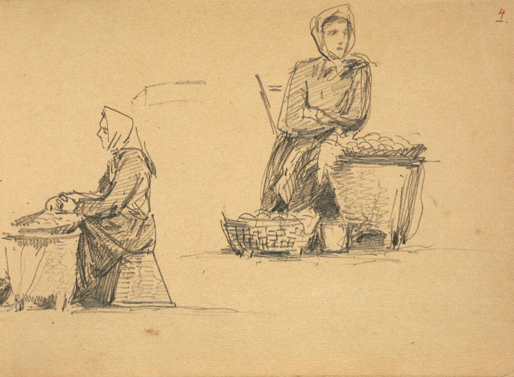 Woman At Market; Verso: Figure Sketches; Diagram