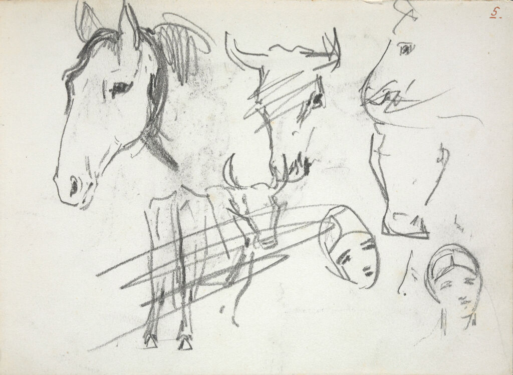 Sketches Of Horses, Cows, And Human Heads