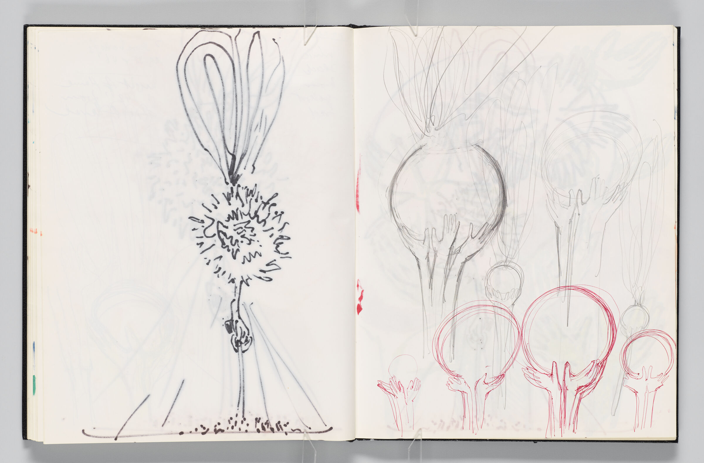 Untitled (Bleed-Through Of Previous Page, Left Page); Untitled (Hands Holding Globes, Right Page)