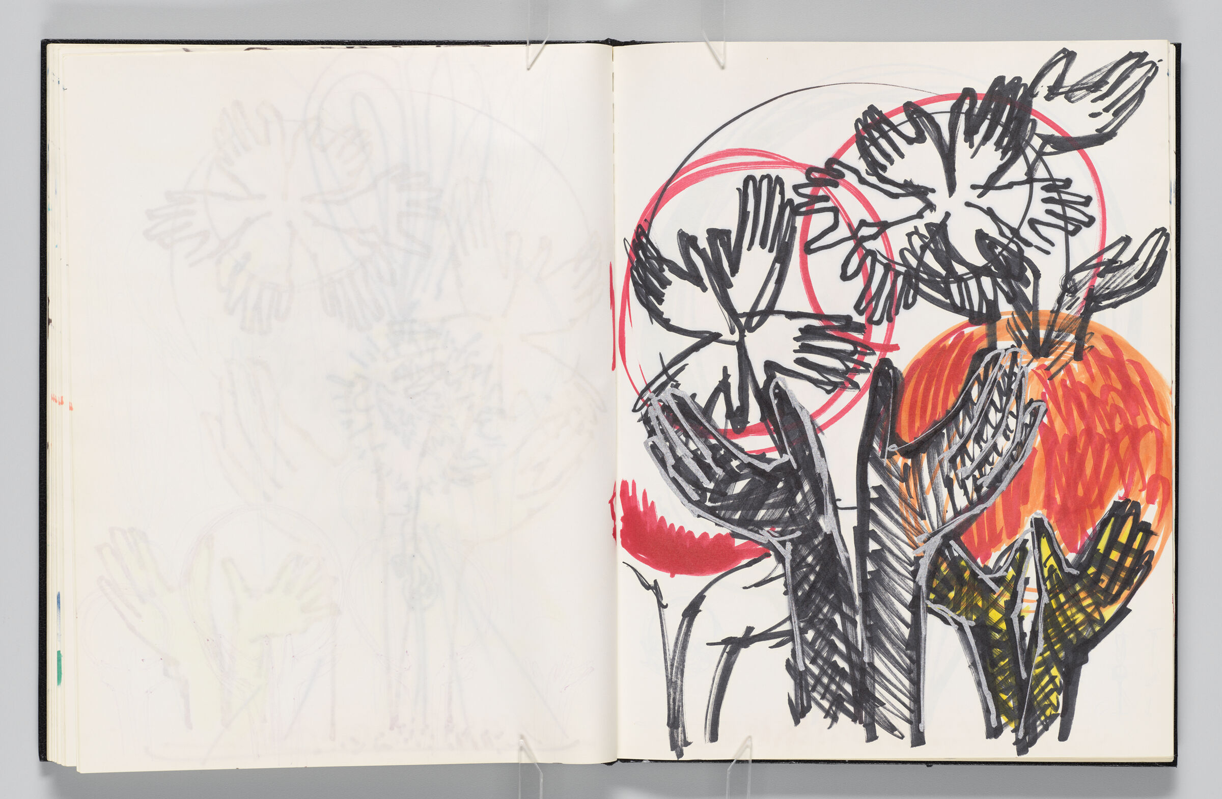 Untitled (Color Transfer, Left Page); Untitled (Hands Holding Globes, Right Page)