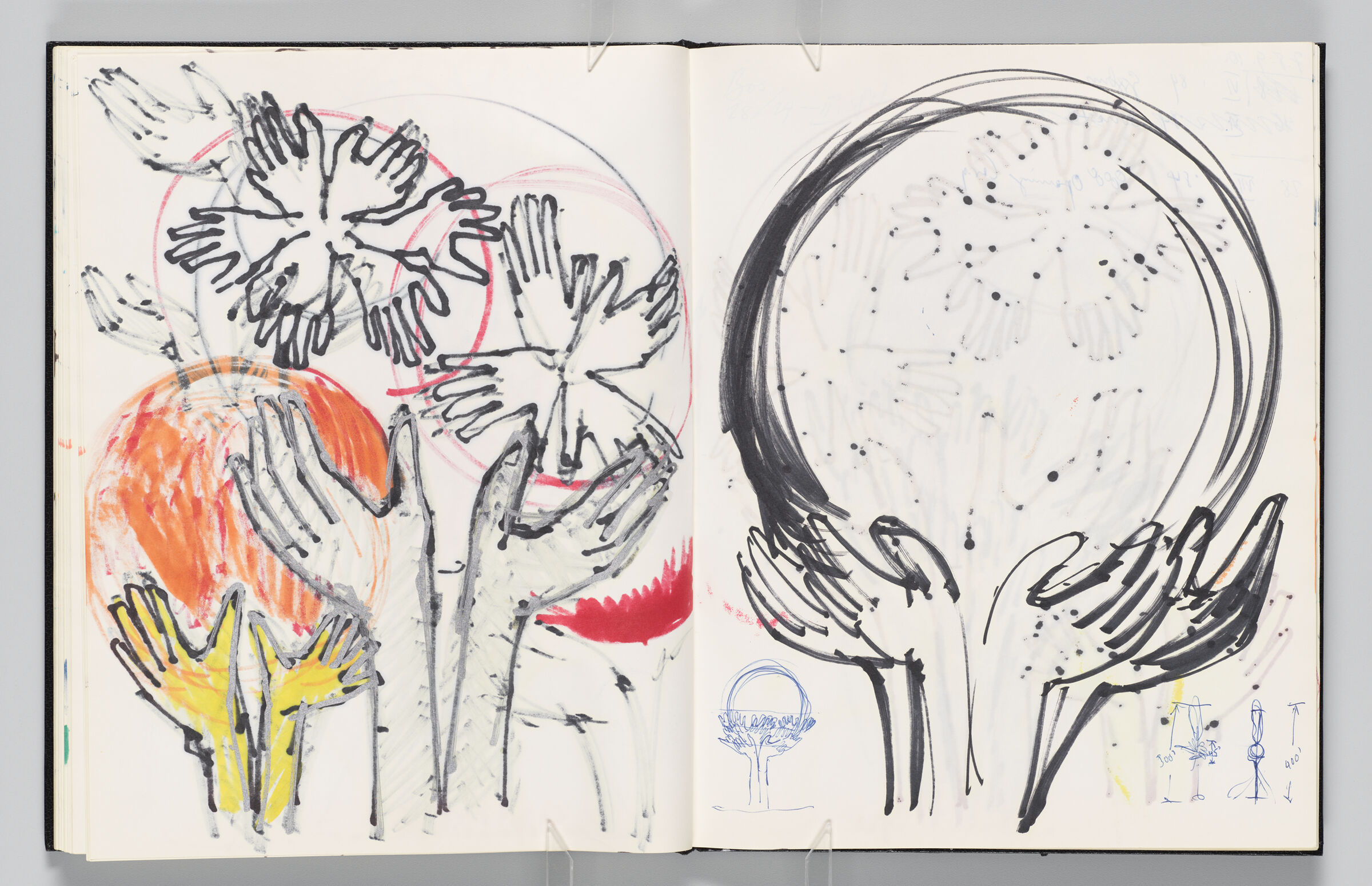 Untitled (Bleed-Through Of Previous Page, Left Page); Untitled (Hands Holding Globes, Right Page)