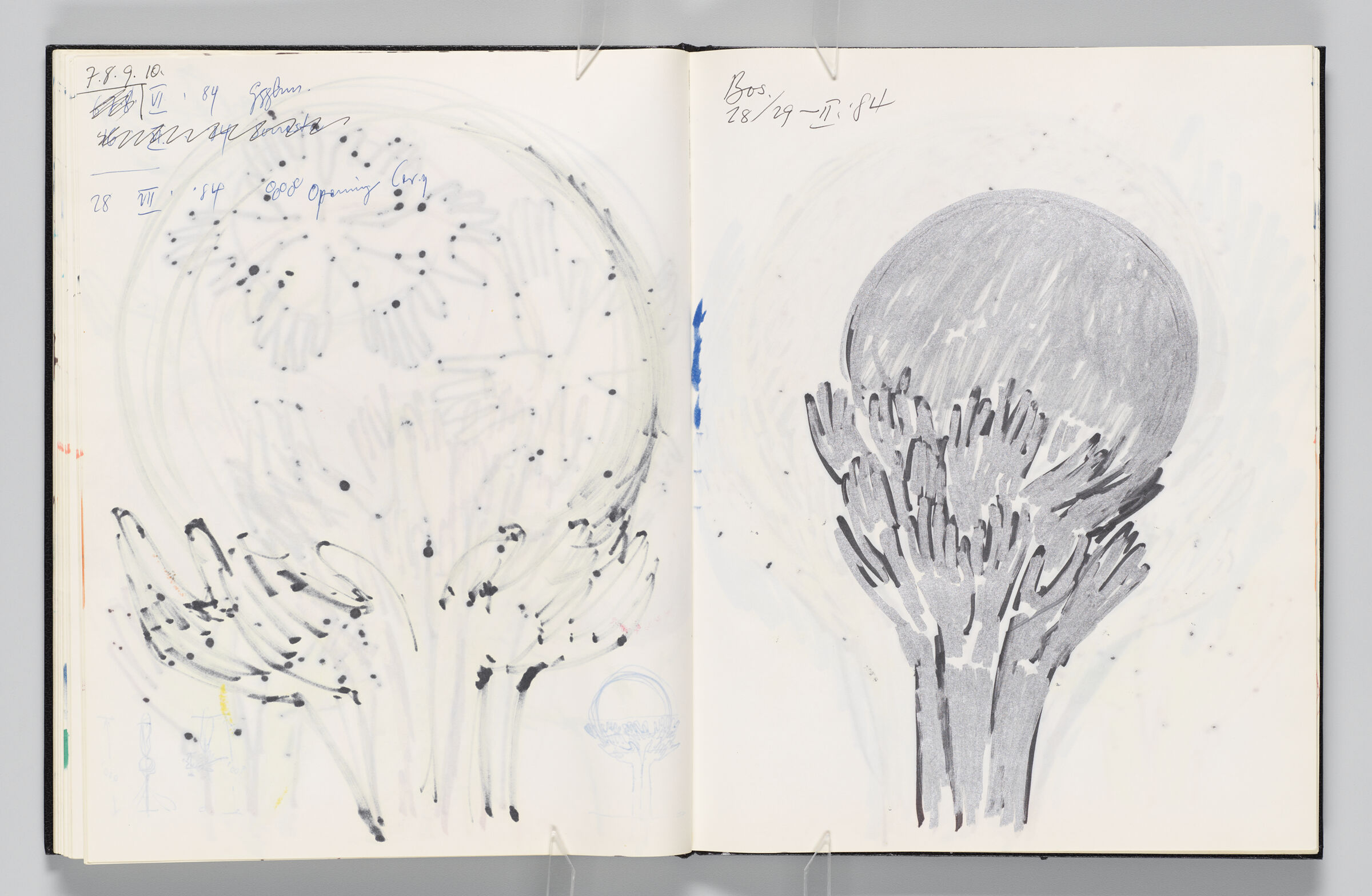 Untitled (Bleed-Through Of Previous Page, Left Page); Untitled (Hands Holding Globe, Right Page)