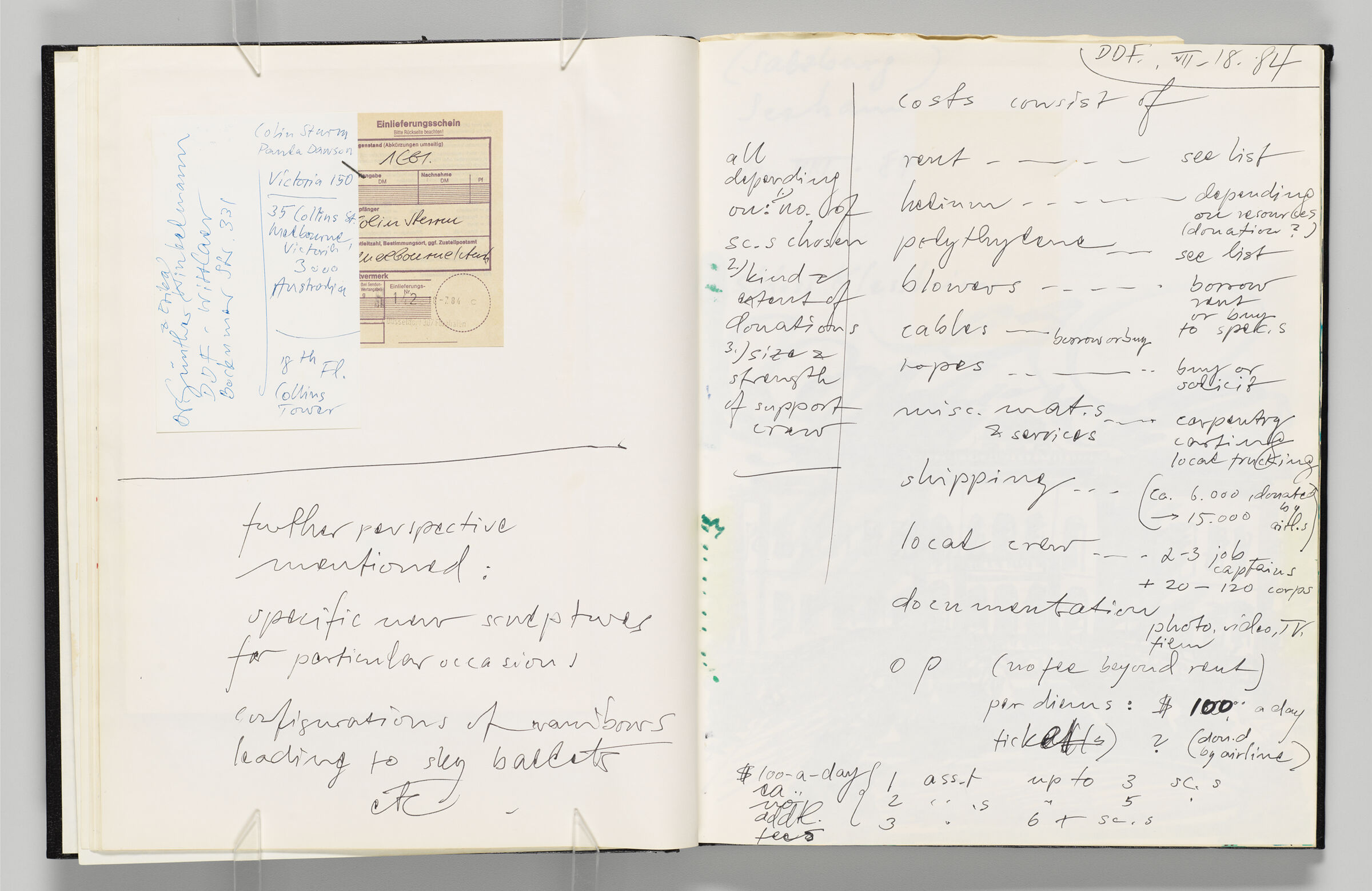 Untitled (Notes And Pasted-In Note With Postal Receipt, Left Page); Untitled (Notes, Right Page)