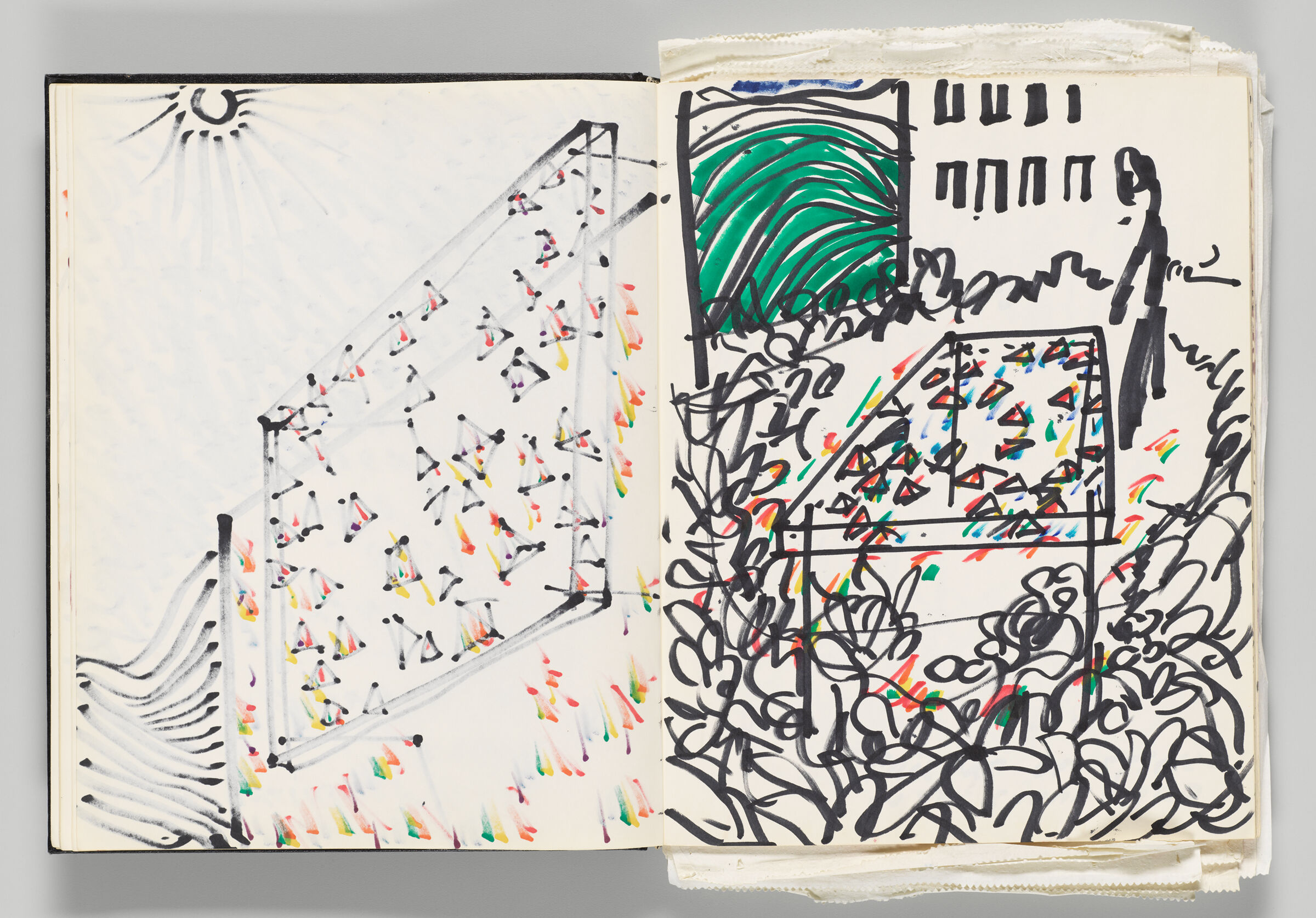 Untitled (Bleed-Through Of Previous Page, Left Page); Untitled (Prisms In Courtyard With Figure, Right Page)