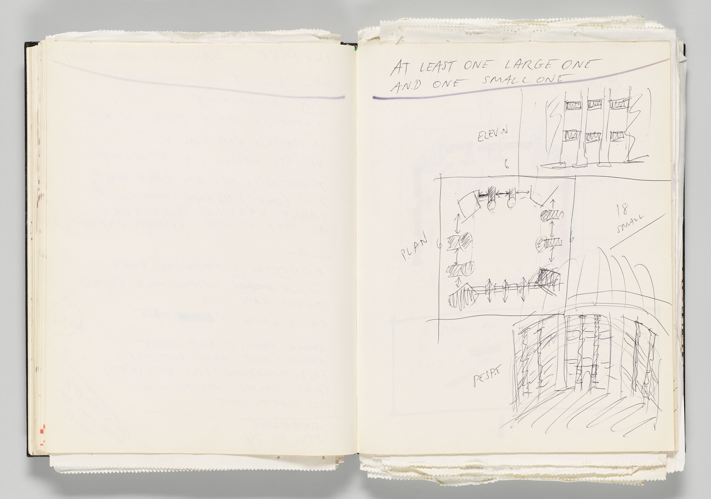 Untitled (Blank With Faint Color Transfer, Left Page); Untitled (Notes With Plan And Elevation, Right Page)