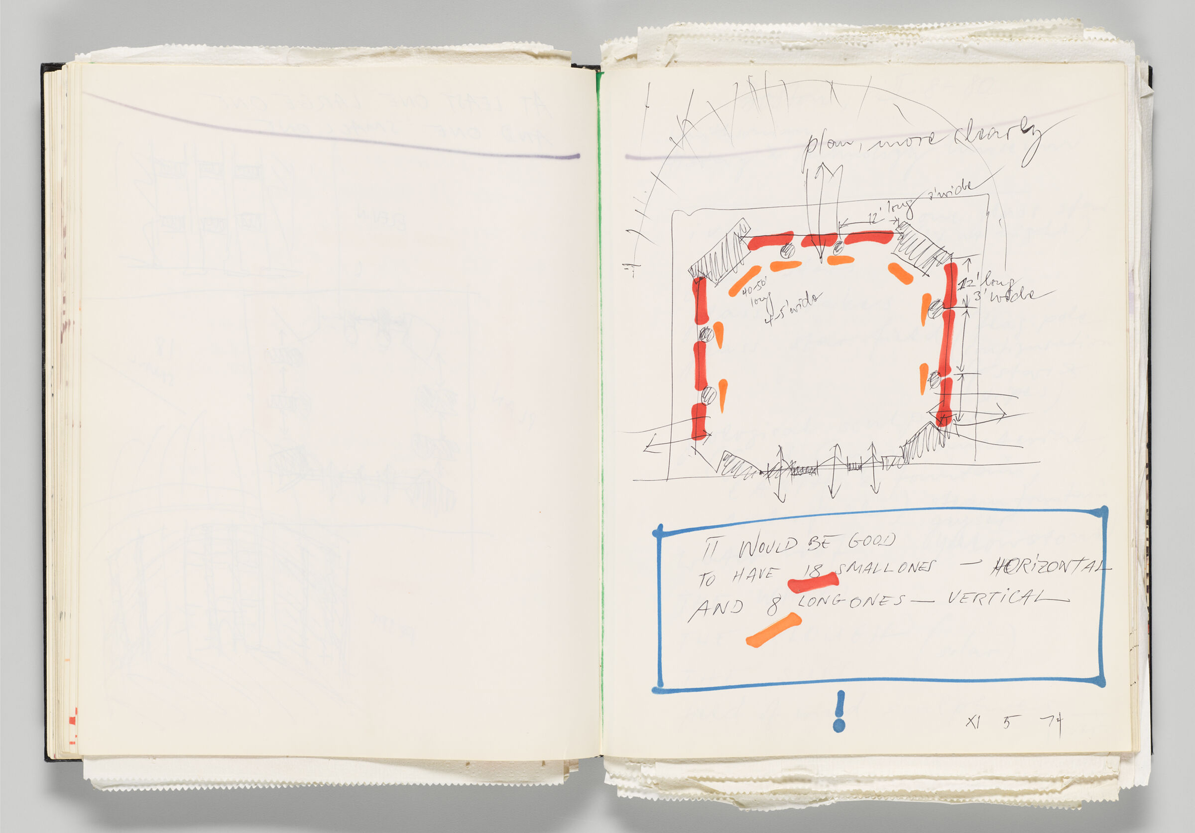 Untitled (Blank With Faint Color Transfer, Left Page); Untitled (Notes With Plan And Elevation, Right Page)