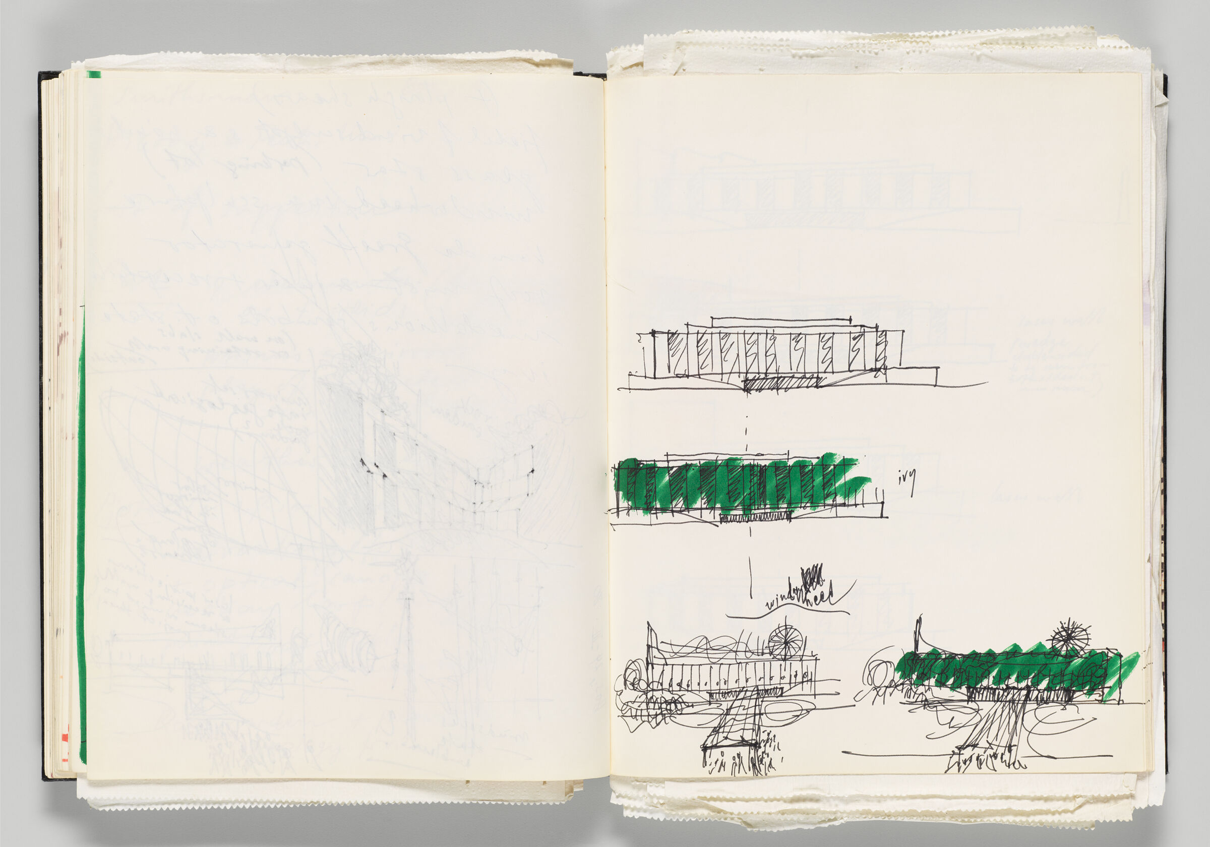 Untitled (Bleed-Through Of Previous Page, Left Page); Untitled (Sketches Of Ivy Installation And Wind Wheel, Right Page)