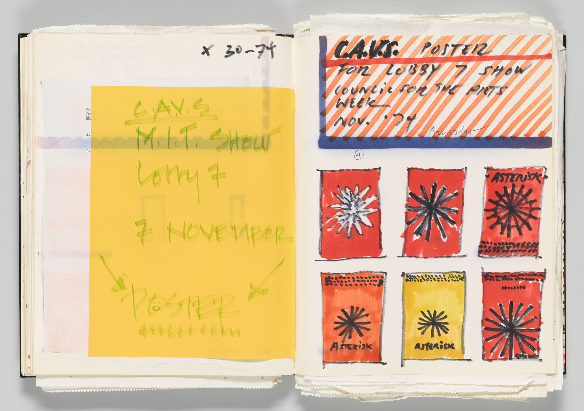Untitled (Inserted Notes With Color Transfer, Left Page); Untitled (C.a.v.s. Poster Designs, Right Page)