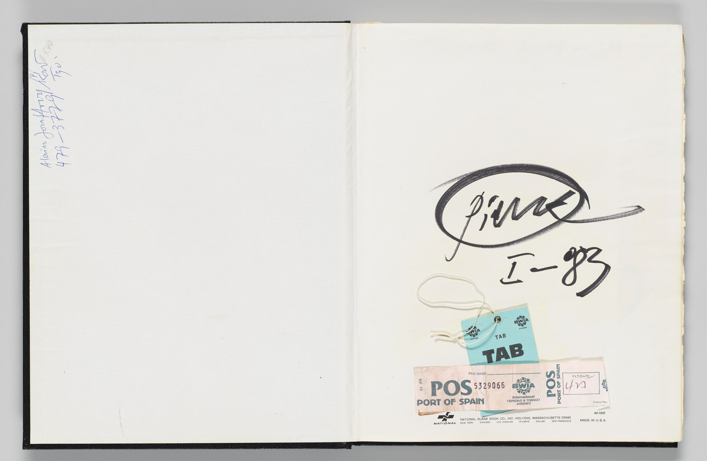 Untitled (Front Endpaper With Note, Left Page); Untitled (Signature With Travel Documents, Right Page)