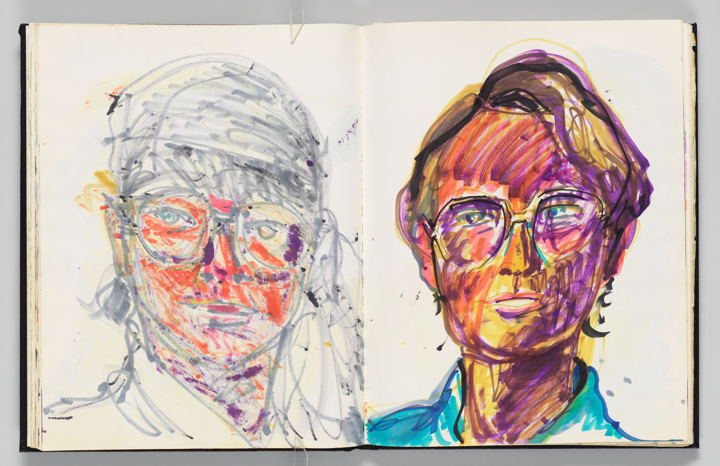Untitled (Bleed-Through Of Previous Page, Left Page); Untitled (Female Figure In Glasses [Elizabeth], Right Page)