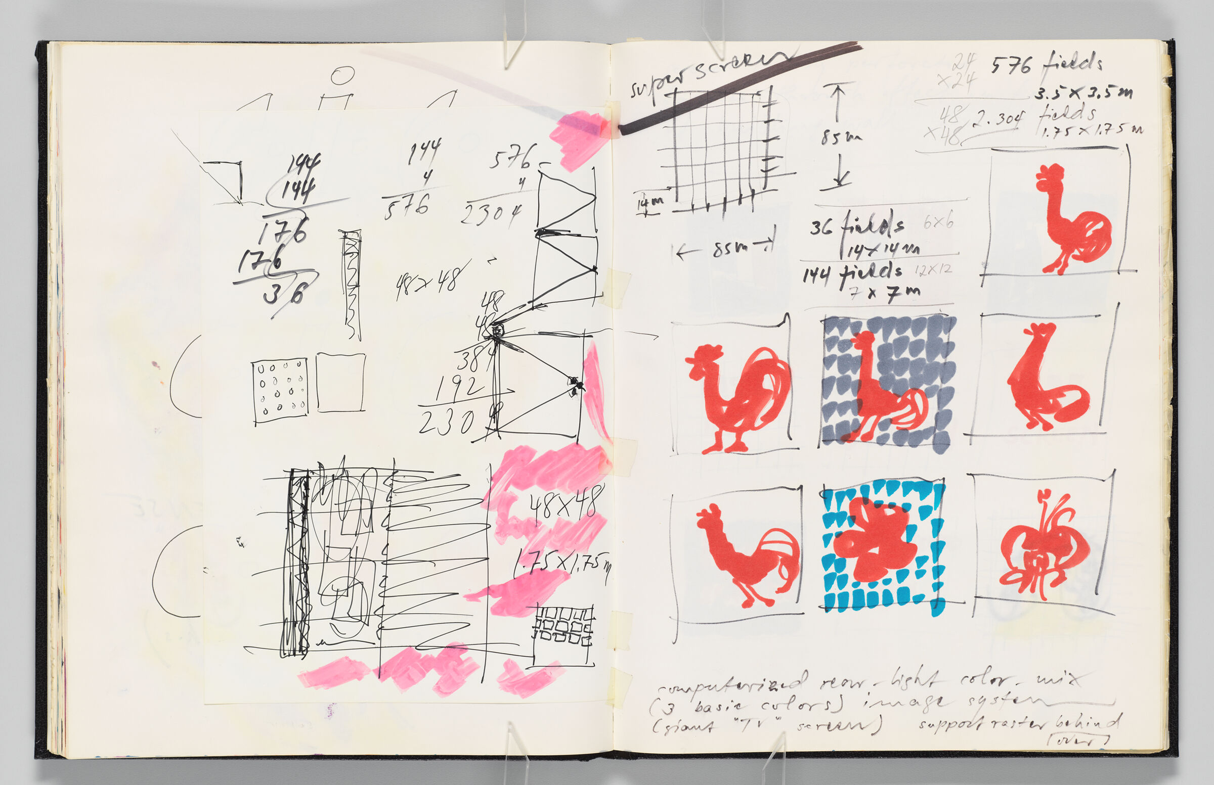 Untitled (Bleed-Through Of Previous Page, Color Transfer, Notes, And Adhered Page Of Measurements, Left Page); Untitled (Rooster Designs For Screens, Right Page)