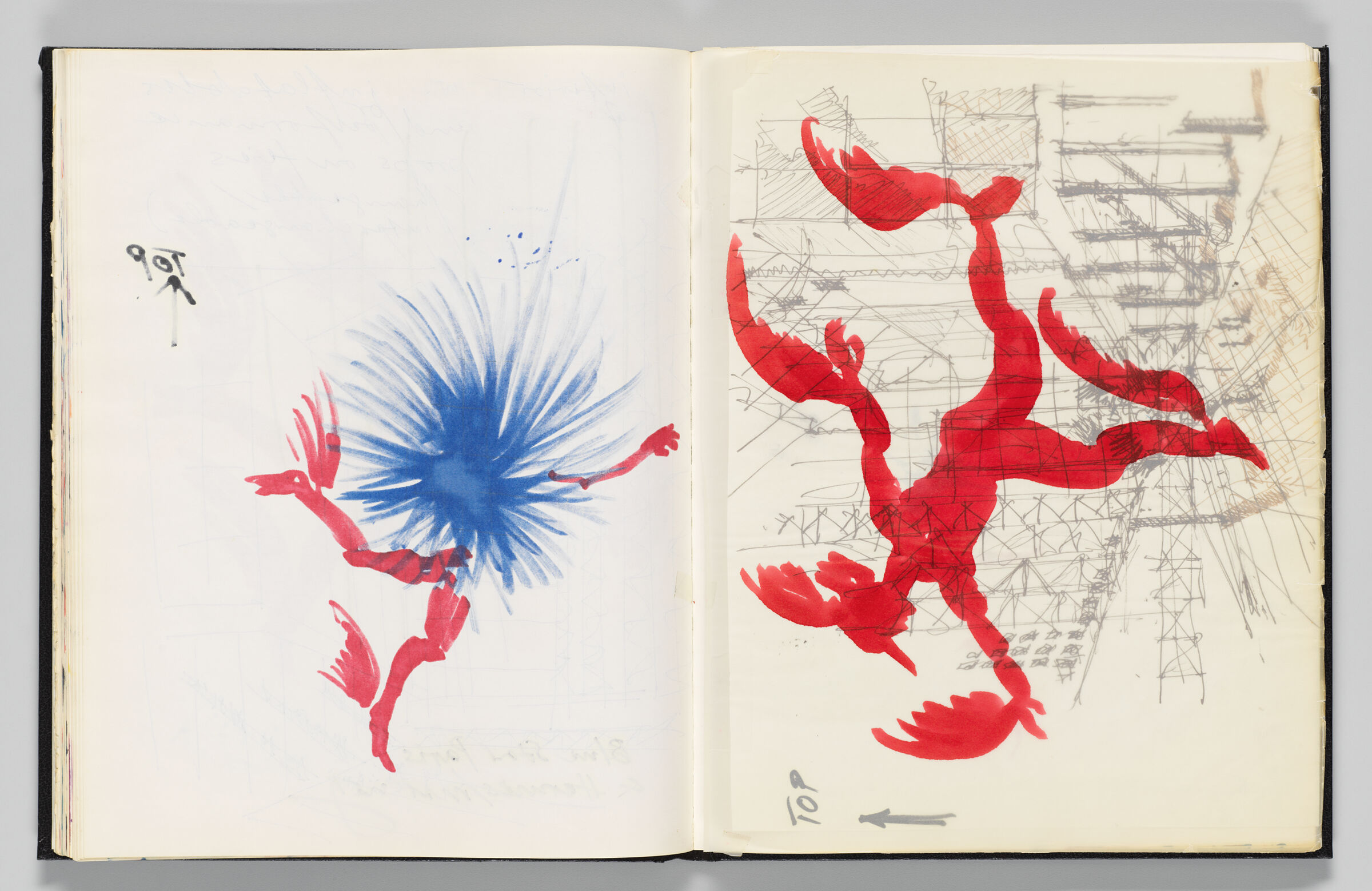 Untitled (Bleed-Through Of Previous Page, Left Page); Untitled (Hermes Sketch On Transparent Sheet Atop Inserted Sketch, Right Page)