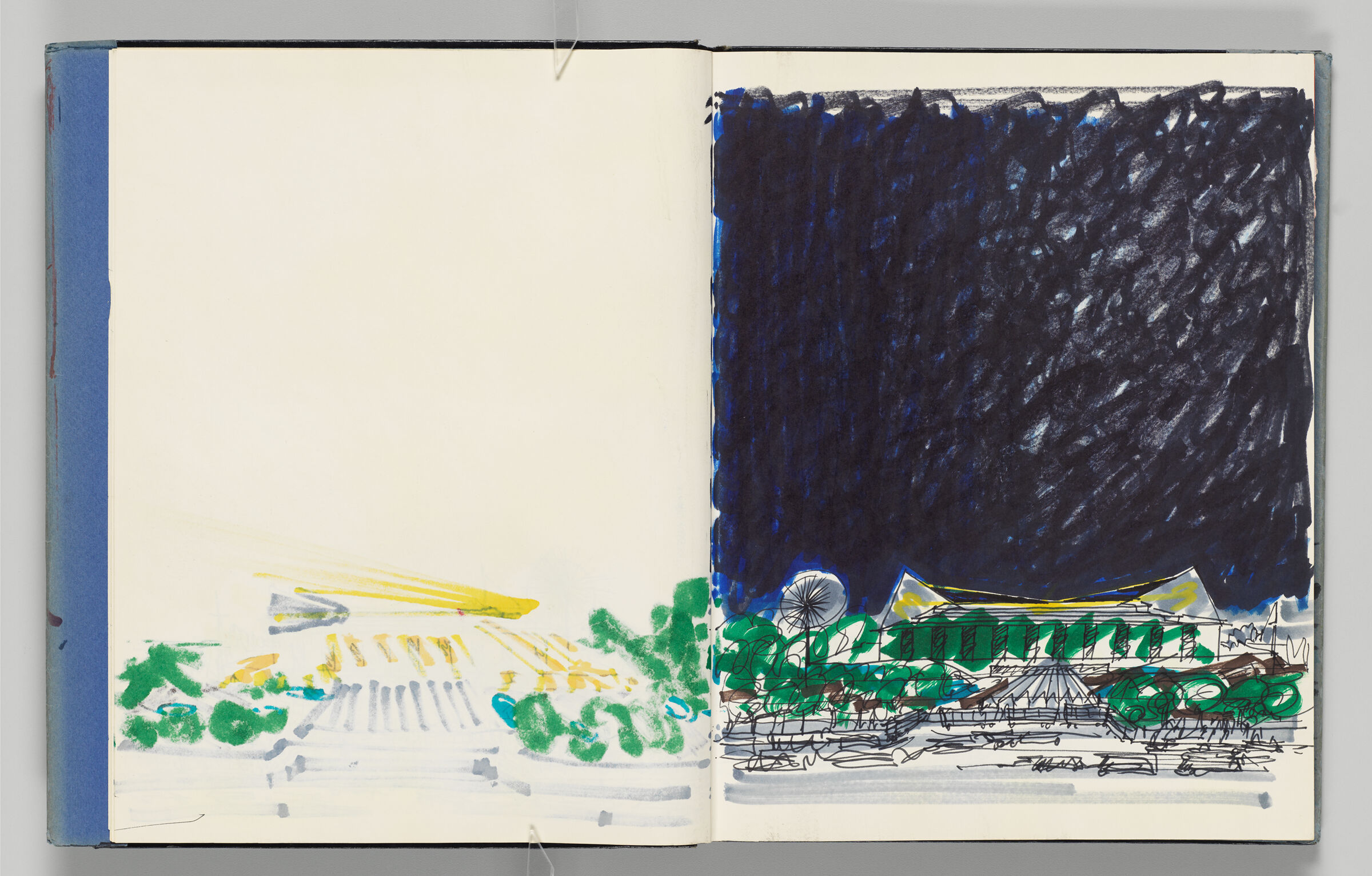 Untitled (Bleed-Through Of Previous Page, Left Page); Untitled (Design For Museum Of History And Technology In Dc Against Night Sky, Right Page)