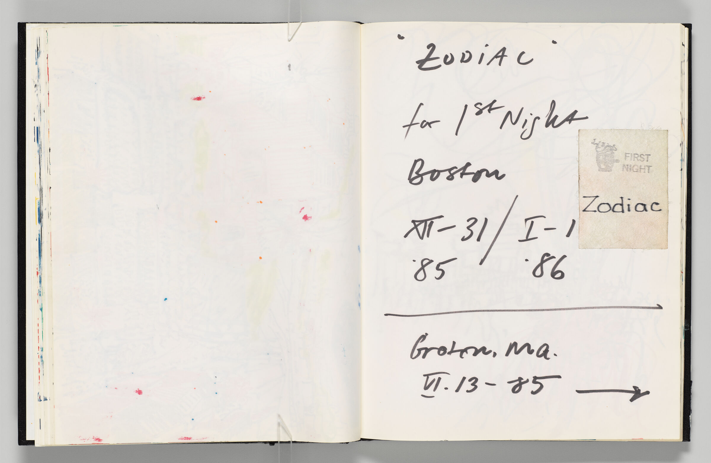 Untitled (Blank With Stray Marks, Left Page); Untitled (Notes, Right Page)