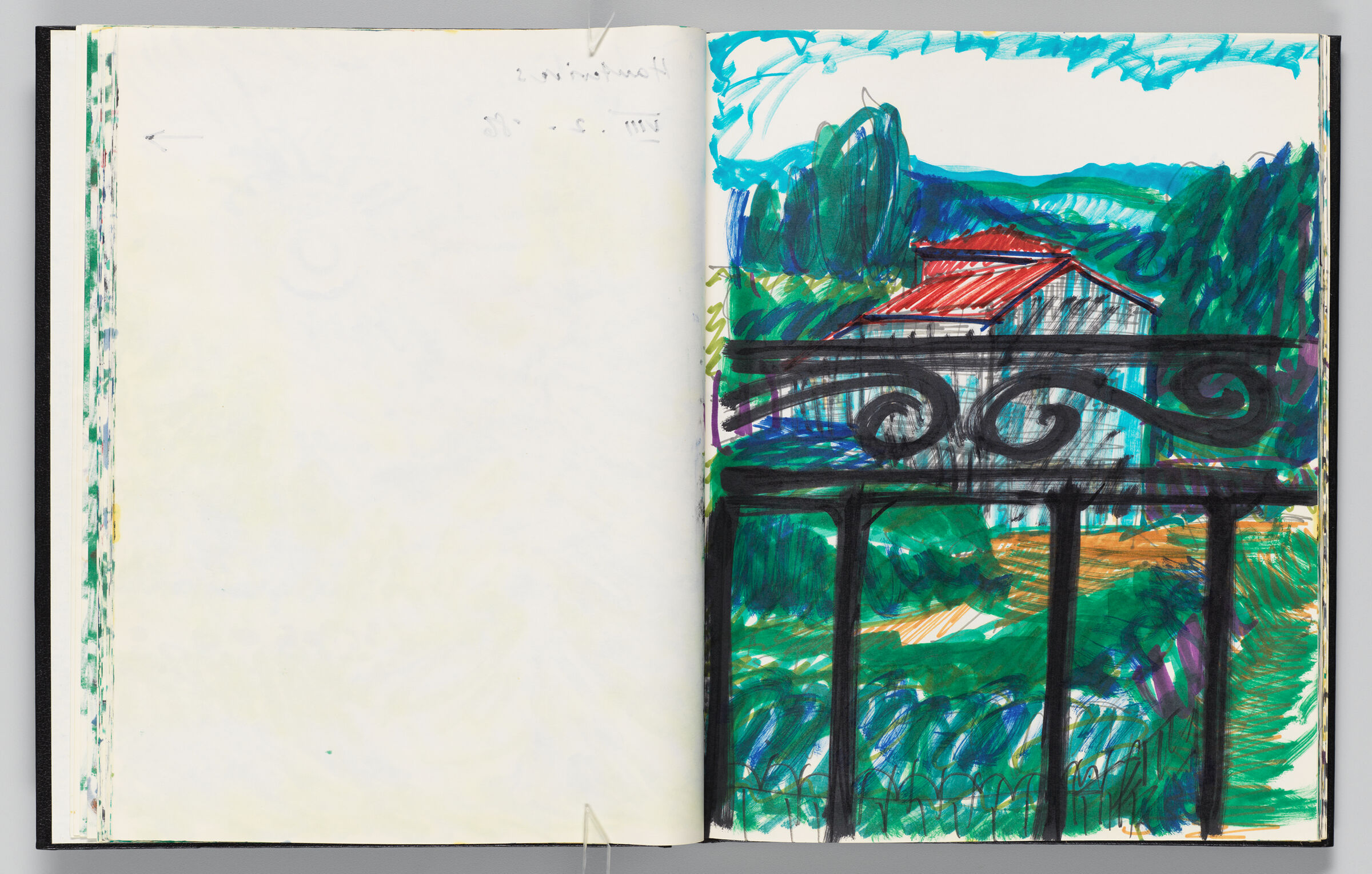 Untitled (Bleed-Through Of Previous Page, Left Page); Untitled (Landscape And House Through Iron Fence, Right Page)